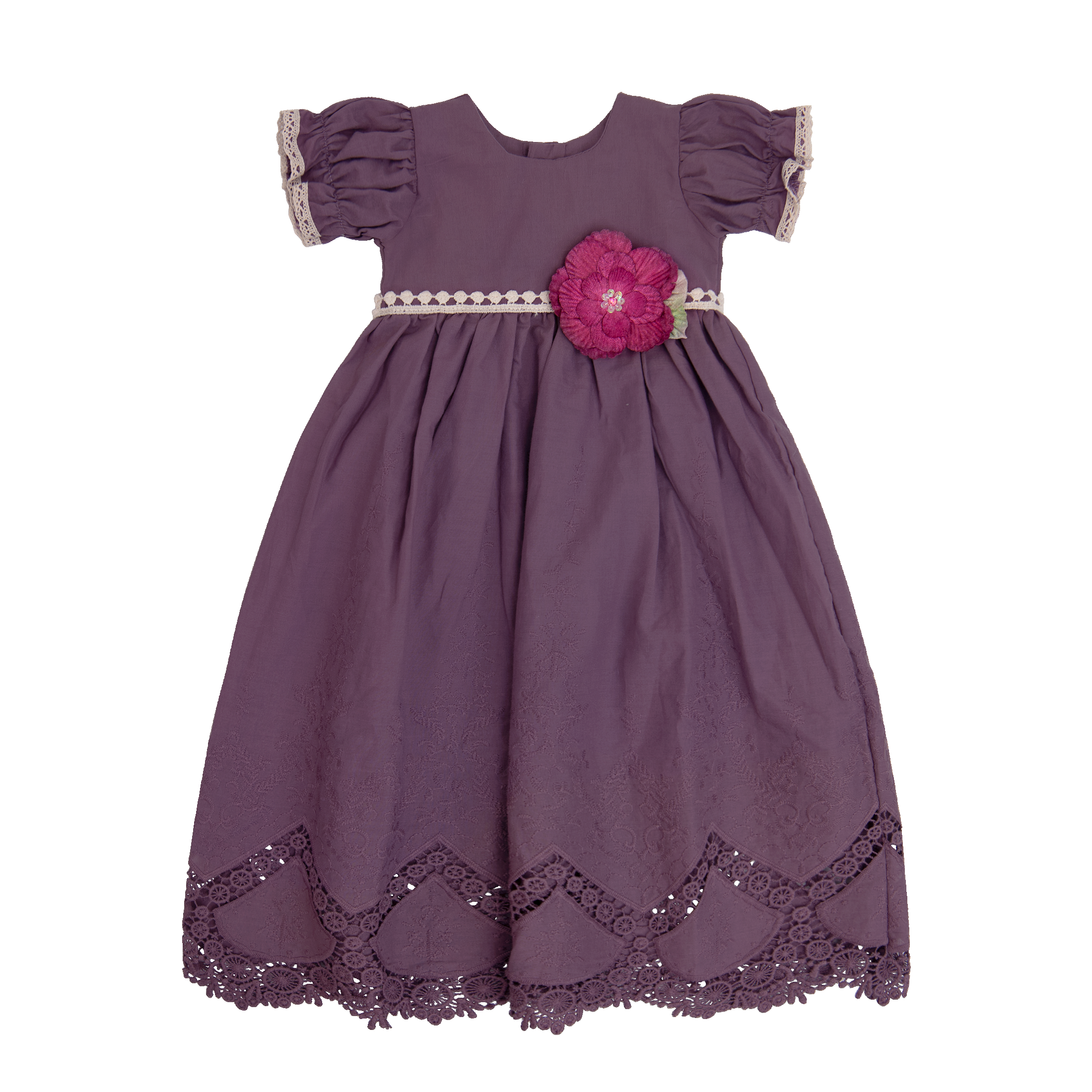 A beautiful baby gown in rich purple fabric with intricate crocheted lace detailing, perfect for special occasions.