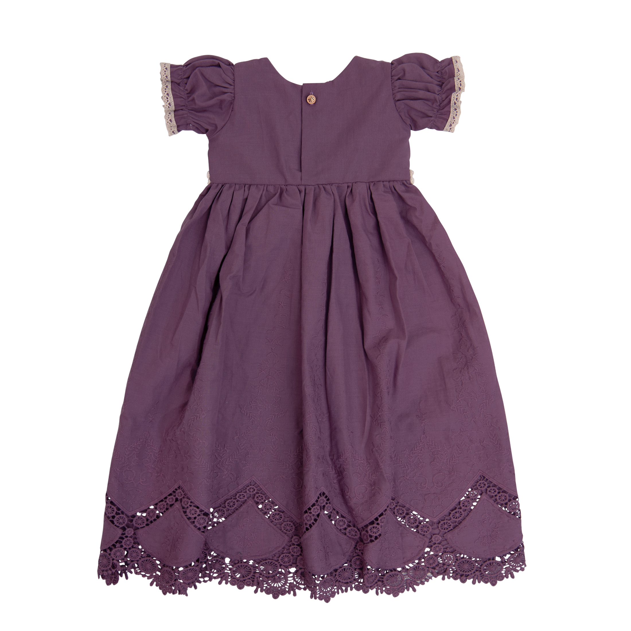 A beautiful baby gown in rich purple fabric with intricate crocheted lace detailing, perfect for special occasions.