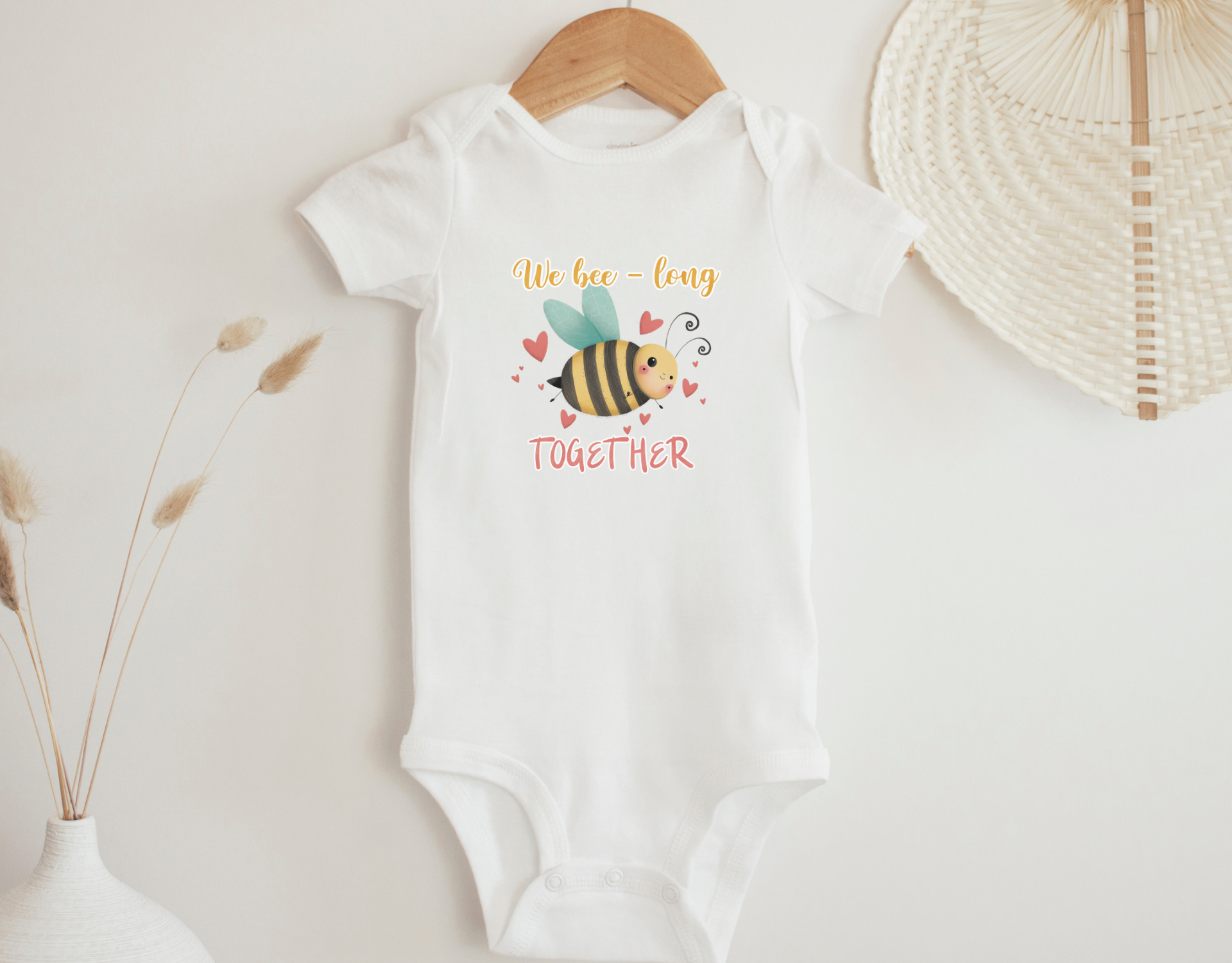 Wee Bee Long Together Bodysuit featuring a cute bee design, made from 100% cotton with expandable neckline and snap closure.