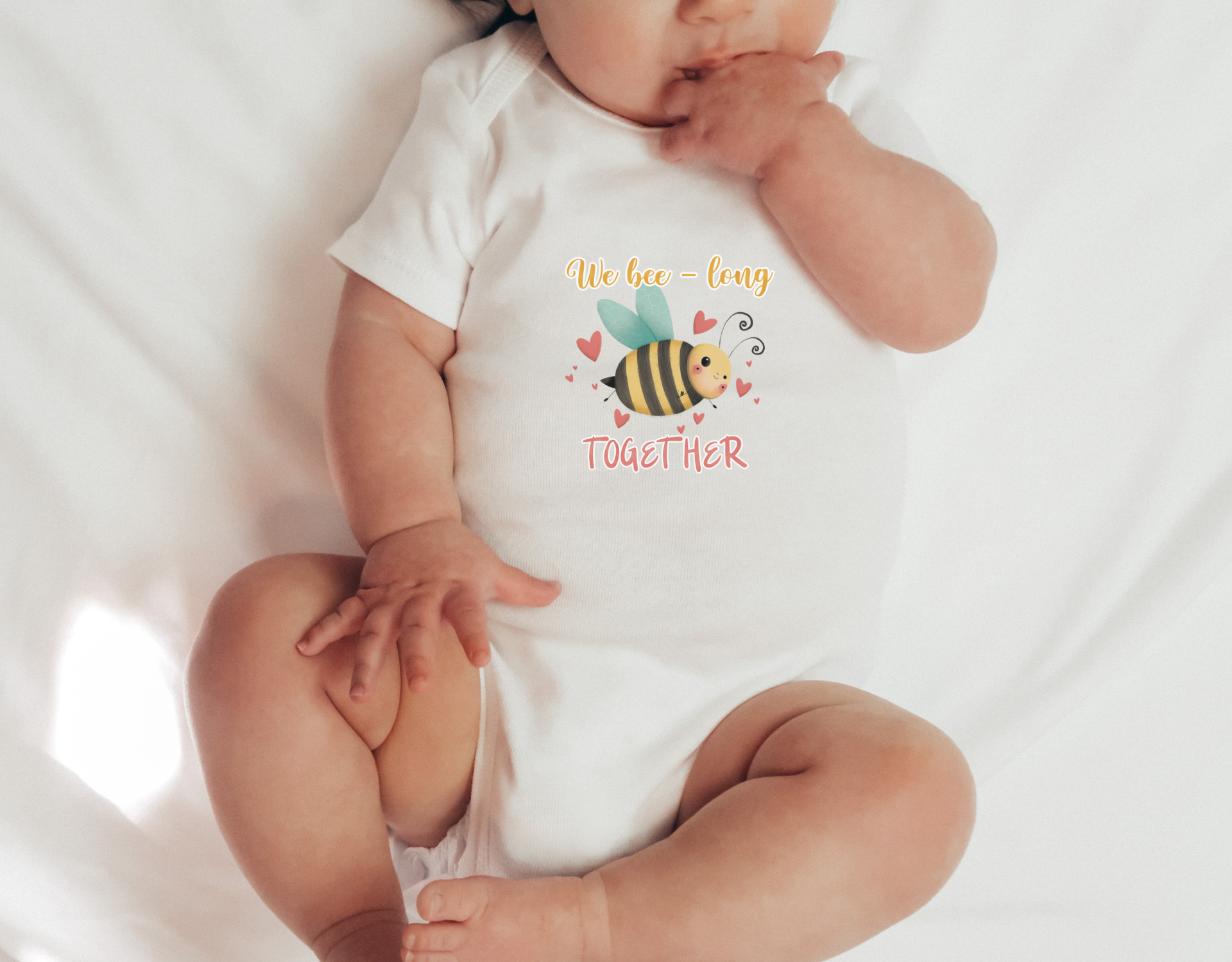 Wee Bee Long Together Bodysuit featuring a cute bee design, made from 100% cotton with expandable neckline and snap closure.