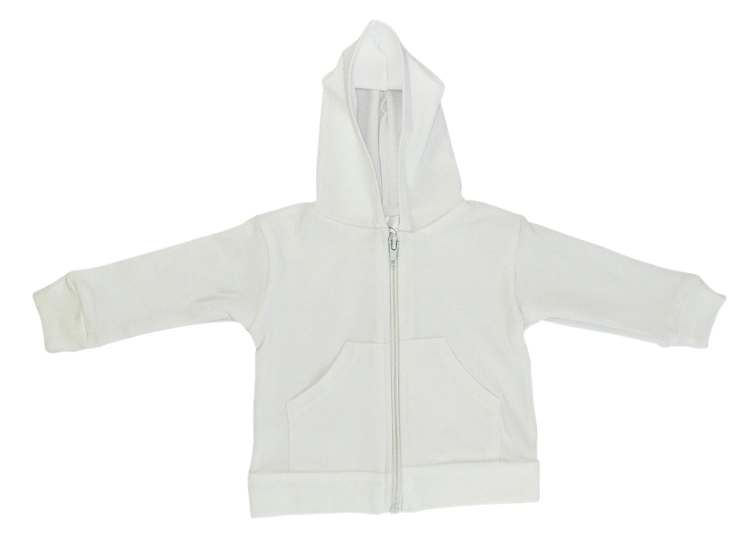 A cozy white hoodie for children featuring a front zipper, made from 100% cotton interlock fabric, perfect for autumn and winter wear.