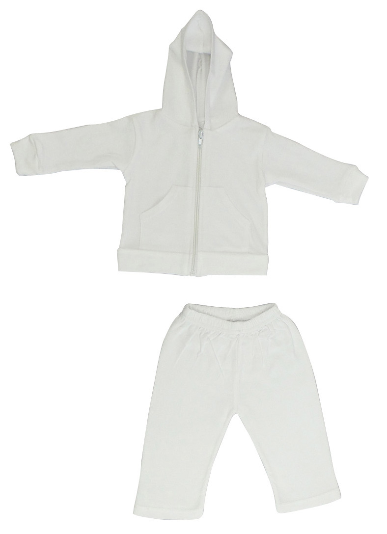 White interlock sweat pants and hoodie set made from 100% cotton, showcasing a cozy and stylish design suitable for casual wear.