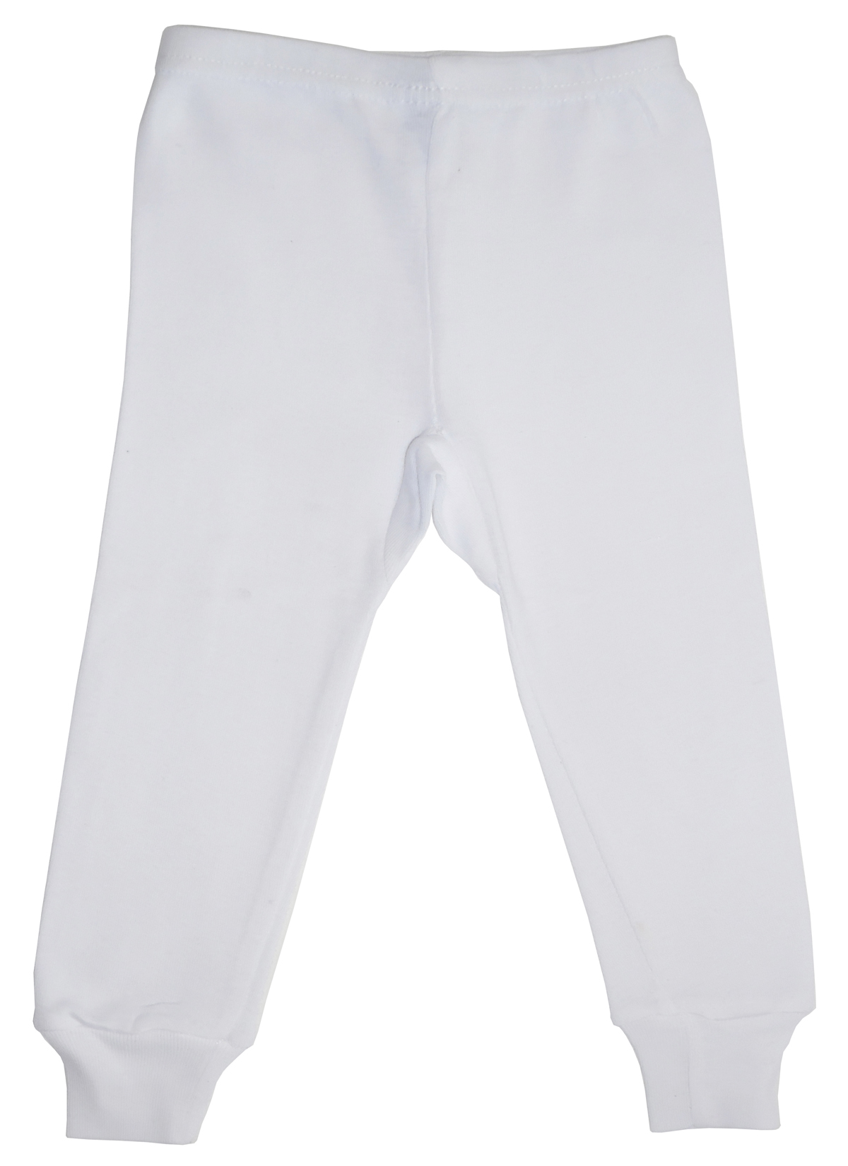 A pair of white infant training pants made from soft cotton interlock fabric, featuring absorbent fiber sponge padding for comfort and dryness.