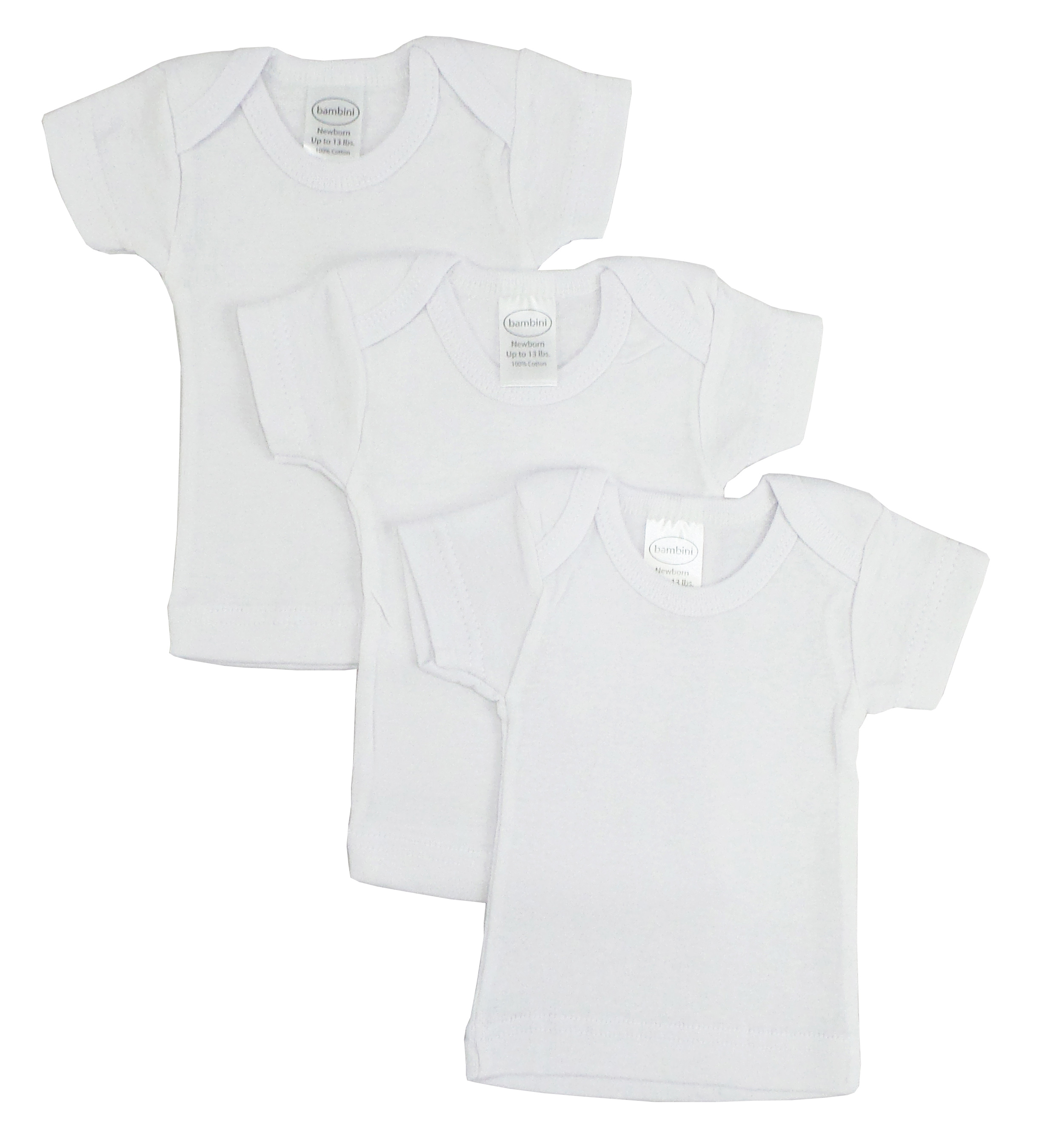 White short sleeve lap tee made of 100% cotton, featuring a snap button shoulder neckline for easy dressing.