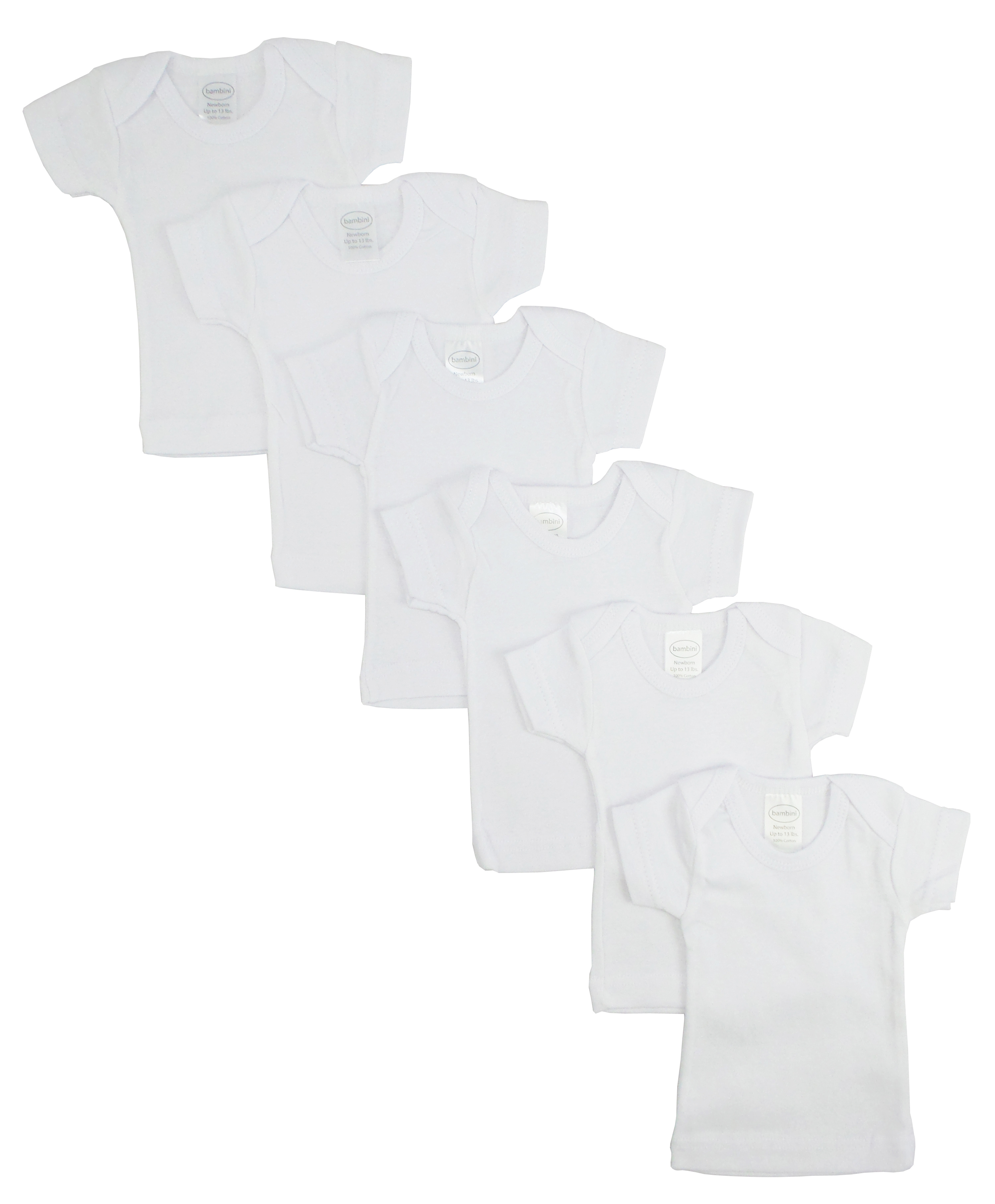 A pack of six white short sleeve lap tees for babies, showcasing their soft cotton fabric and snap button shoulder design.