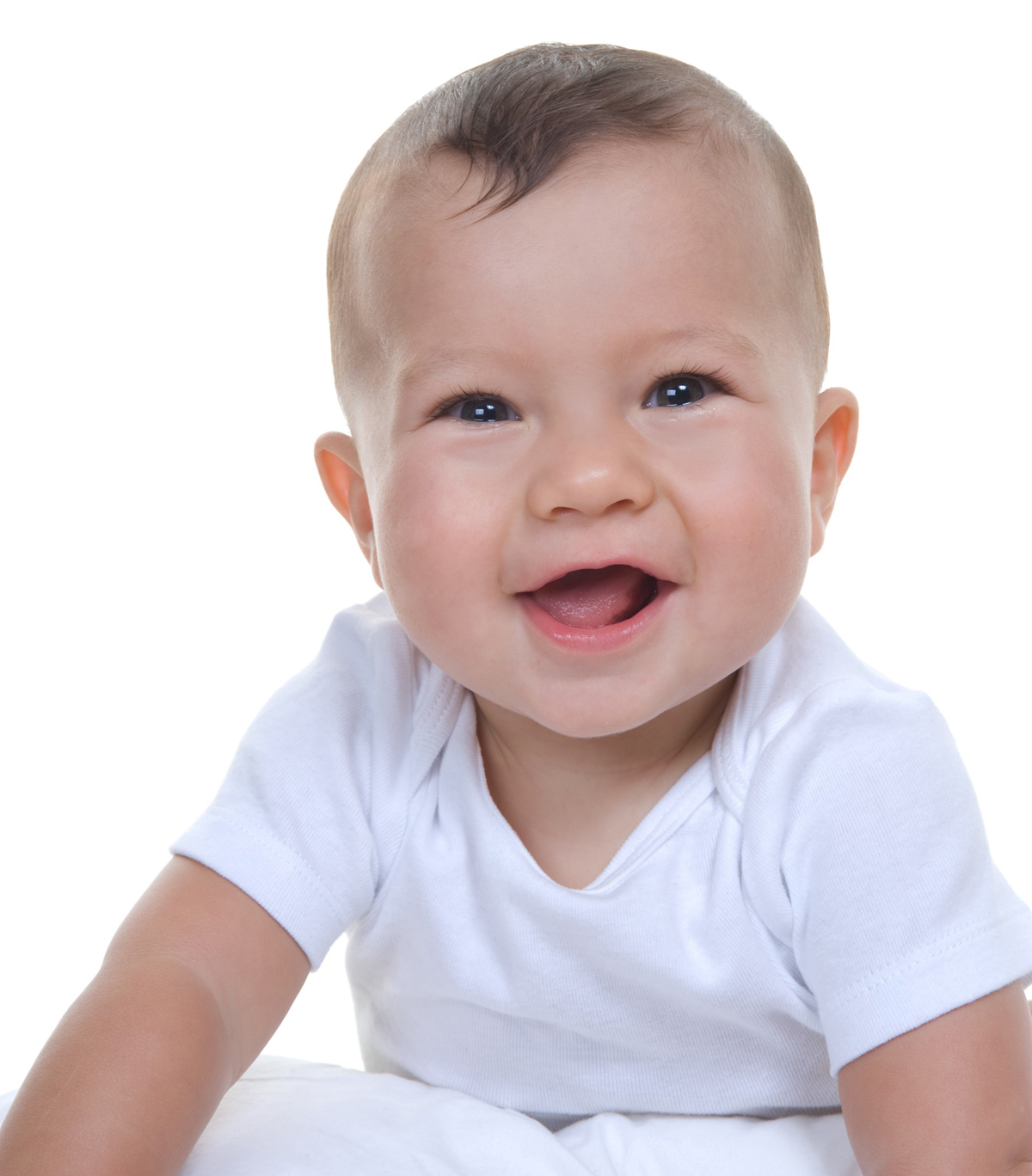 A pack of six white short sleeve lap tees for babies, showcasing their soft cotton fabric and snap button shoulder design.