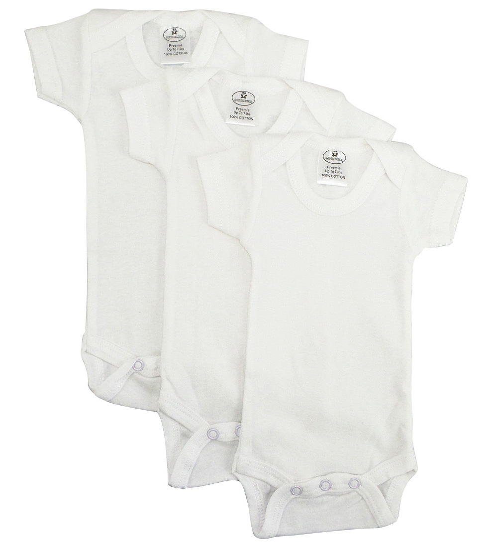 Three white short sleeve one-piece baby outfits made of 100% cotton rib knit, featuring expandable necklines and front snap closures.