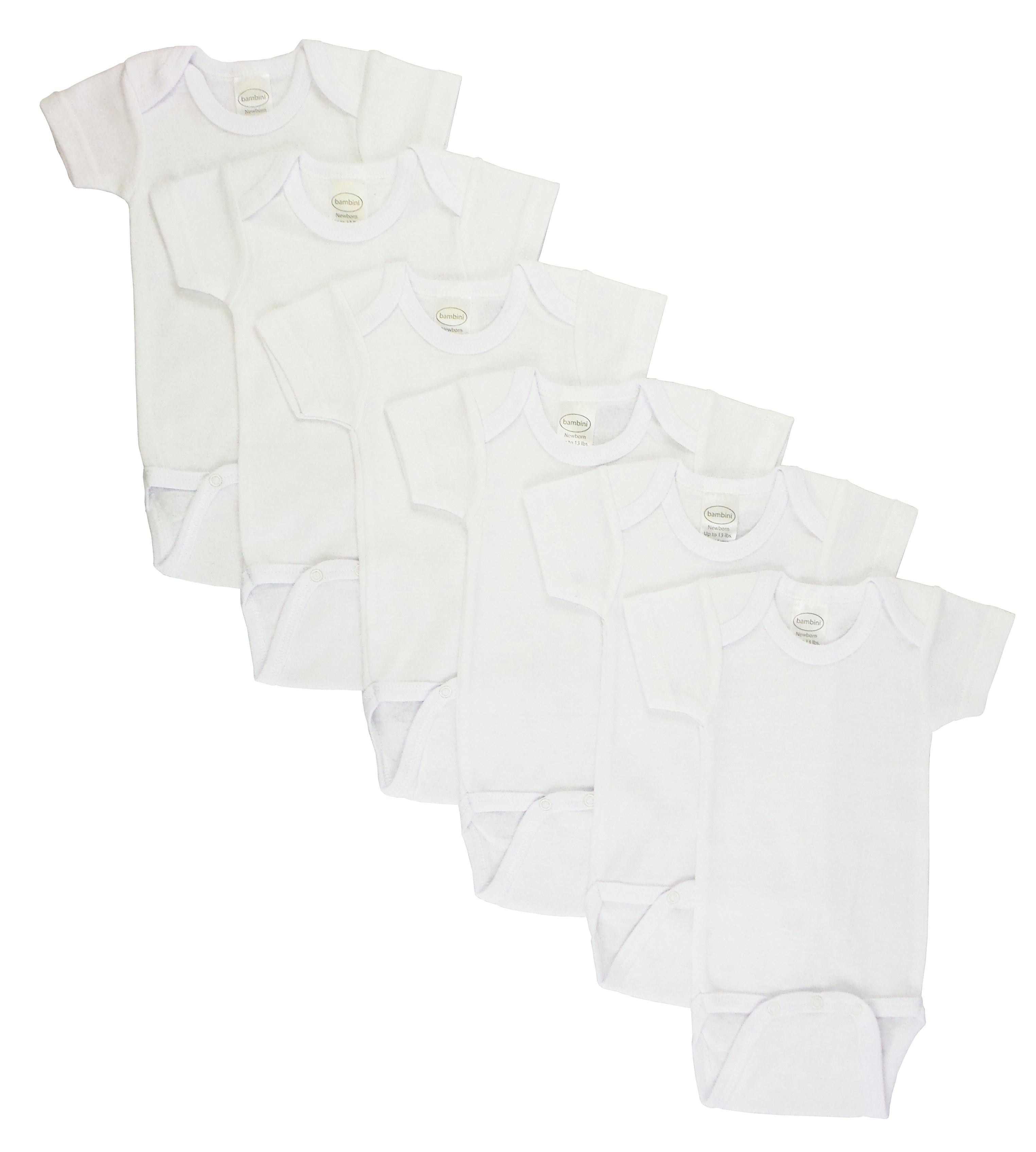 A pack of six white short sleeve one piece baby outfits made from soft cotton rib knit fabric, designed for comfort and easy dressing.