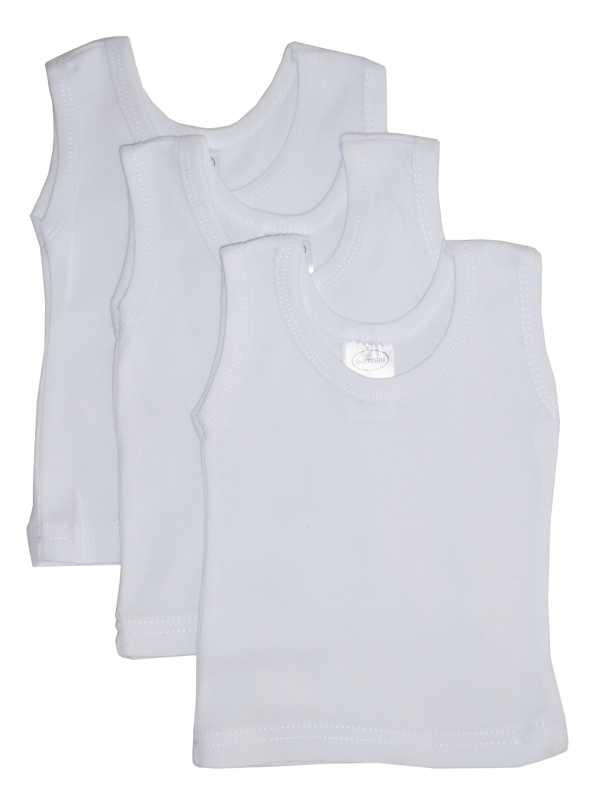 Three white sleeveless tank tops made from 100% cotton rib knit fabric, displayed neatly to showcase their soft texture and versatility.