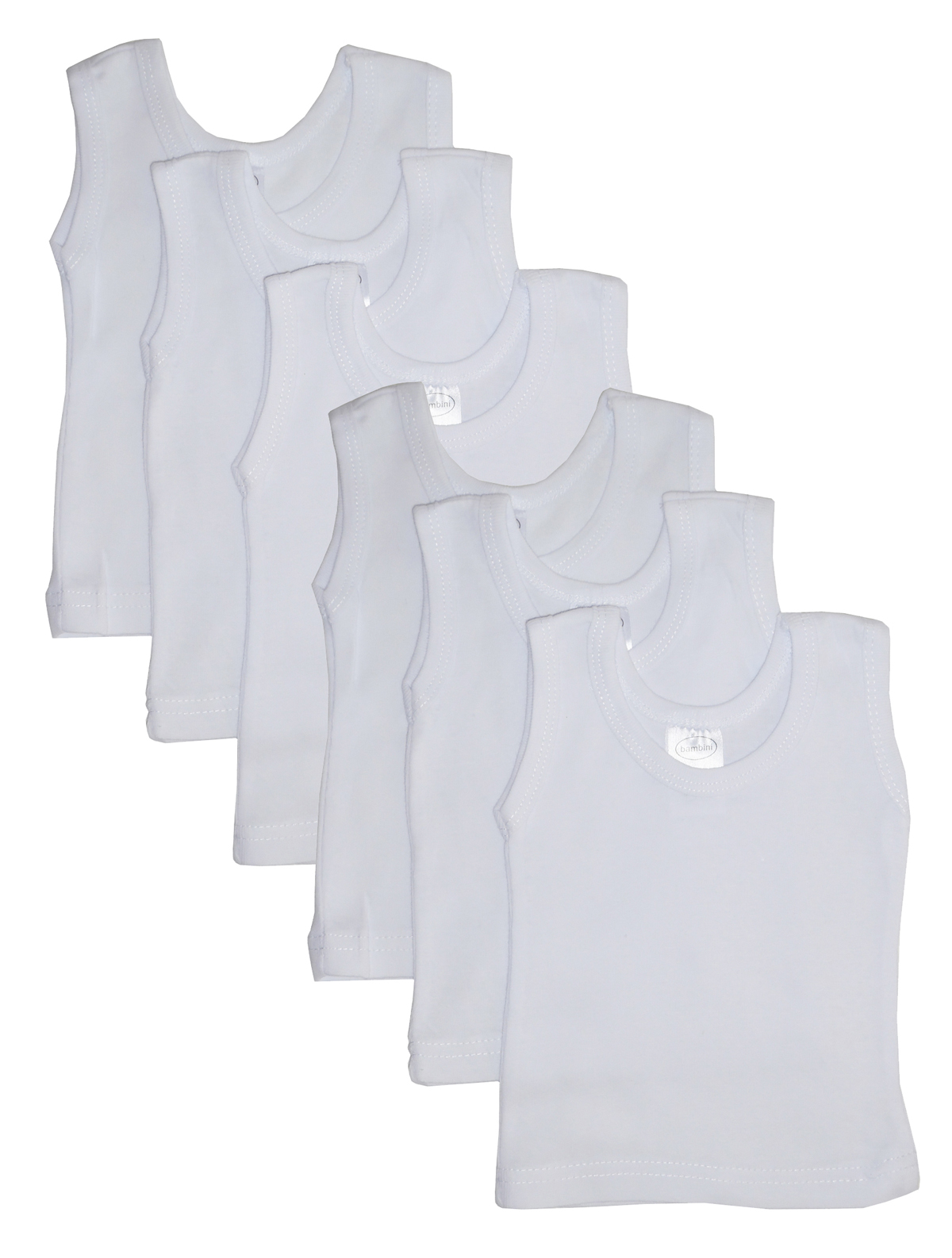 A pack of six white sleeveless tank tops made from 100% cotton rib knit fabric, showcasing their soft texture and versatility for layering or solo wear.