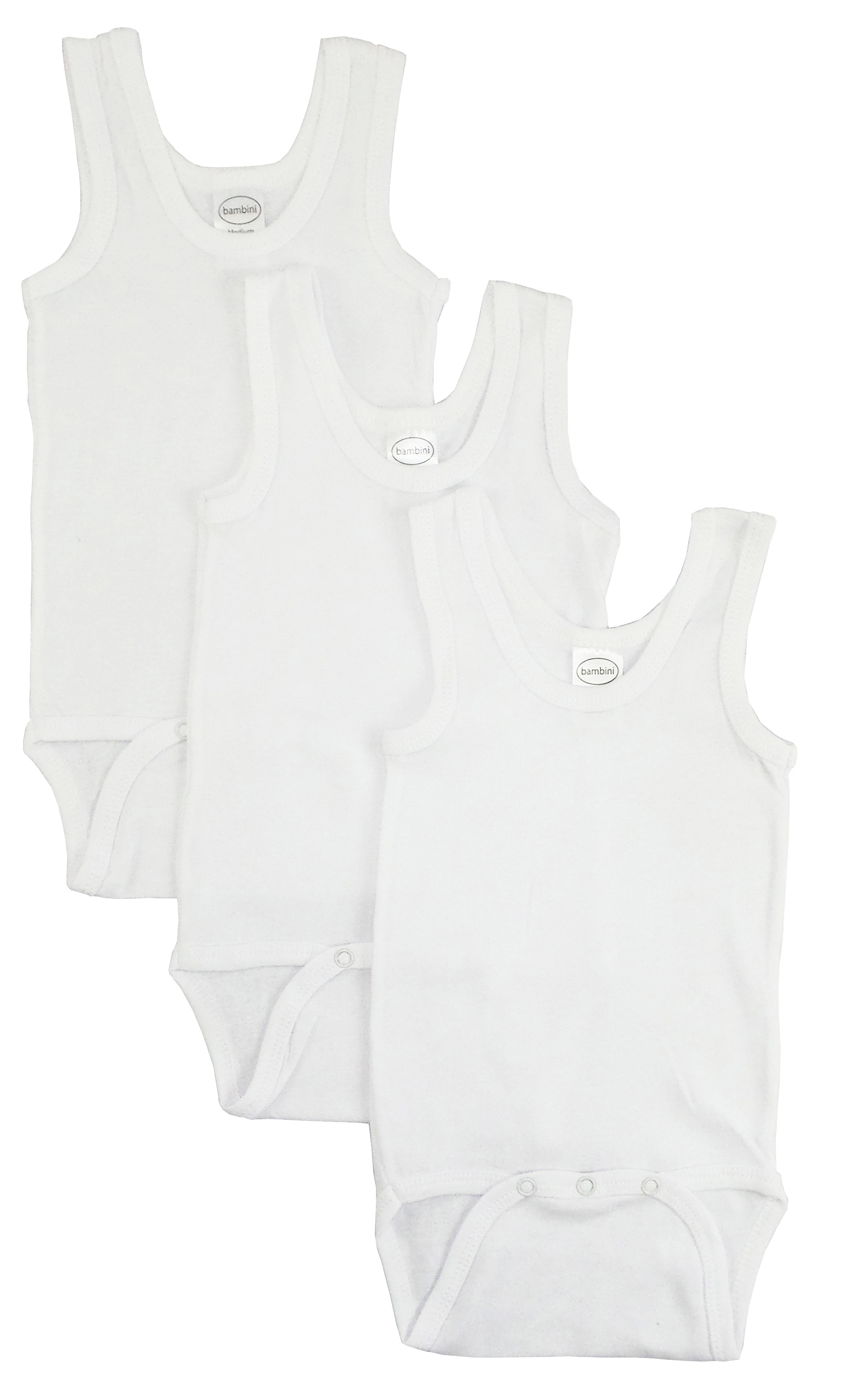 A white sleeveless tank top onezie made from 100% cotton rib knit fabric, featuring an expandable shoulder neckline and front snap closure, perfect for babies.