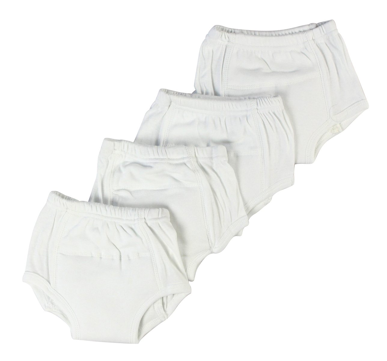 A pack of four white training pants made from soft cotton, designed for newborn comfort and easy changing.