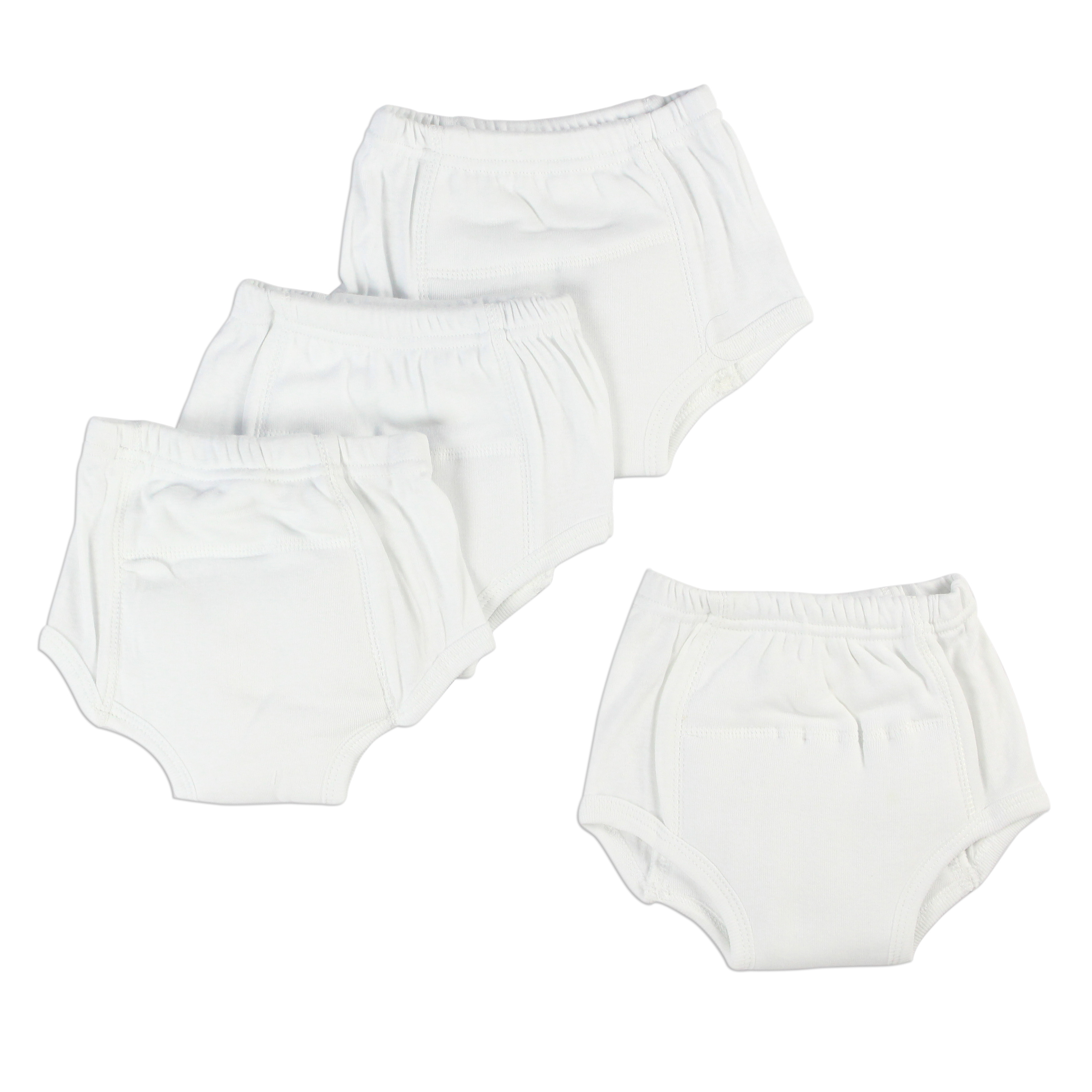 A pack of four white training pants made from soft cotton, designed for newborn comfort and easy changing.