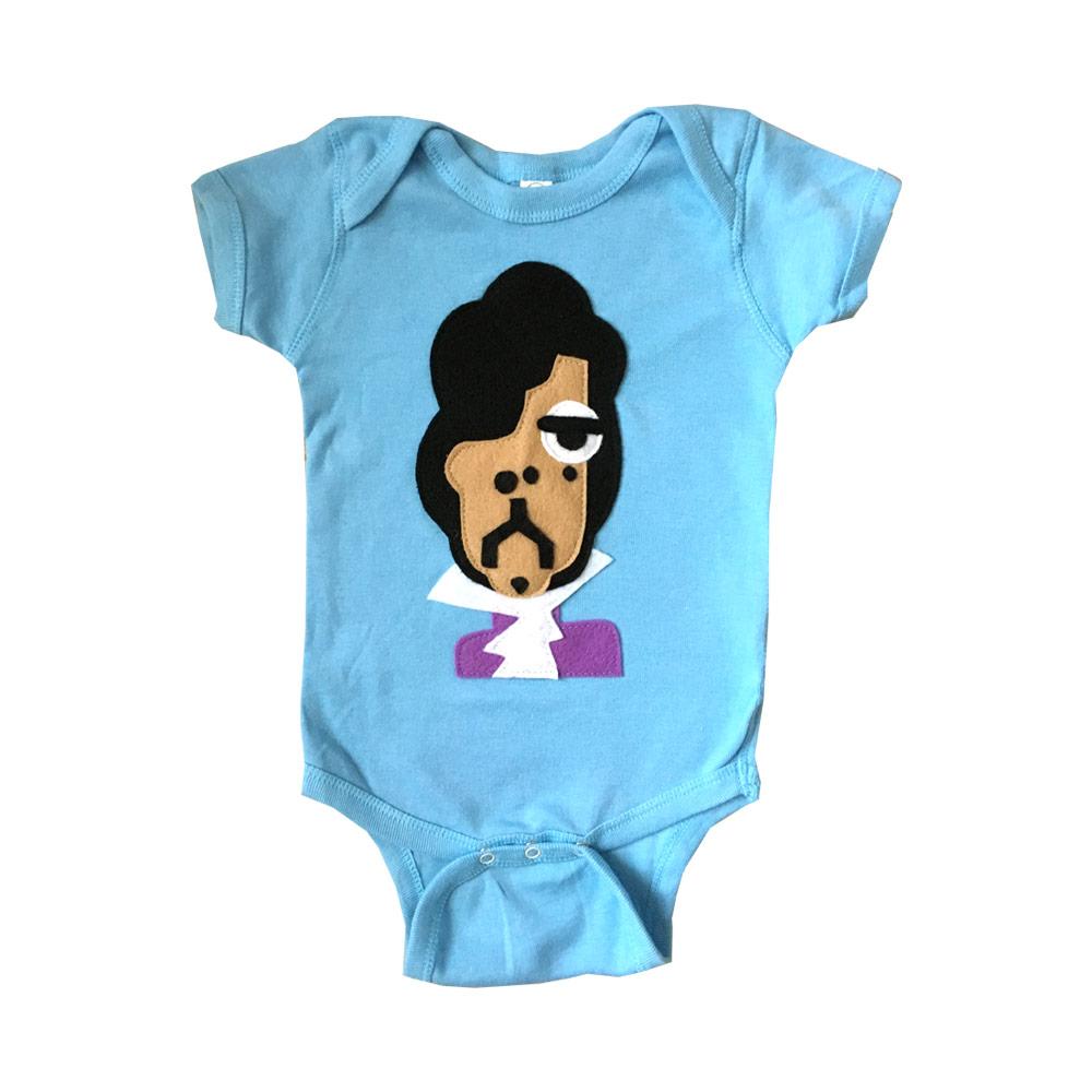 A handmade baby onesie featuring a purple rain design, perfect for infants celebrating music culture.