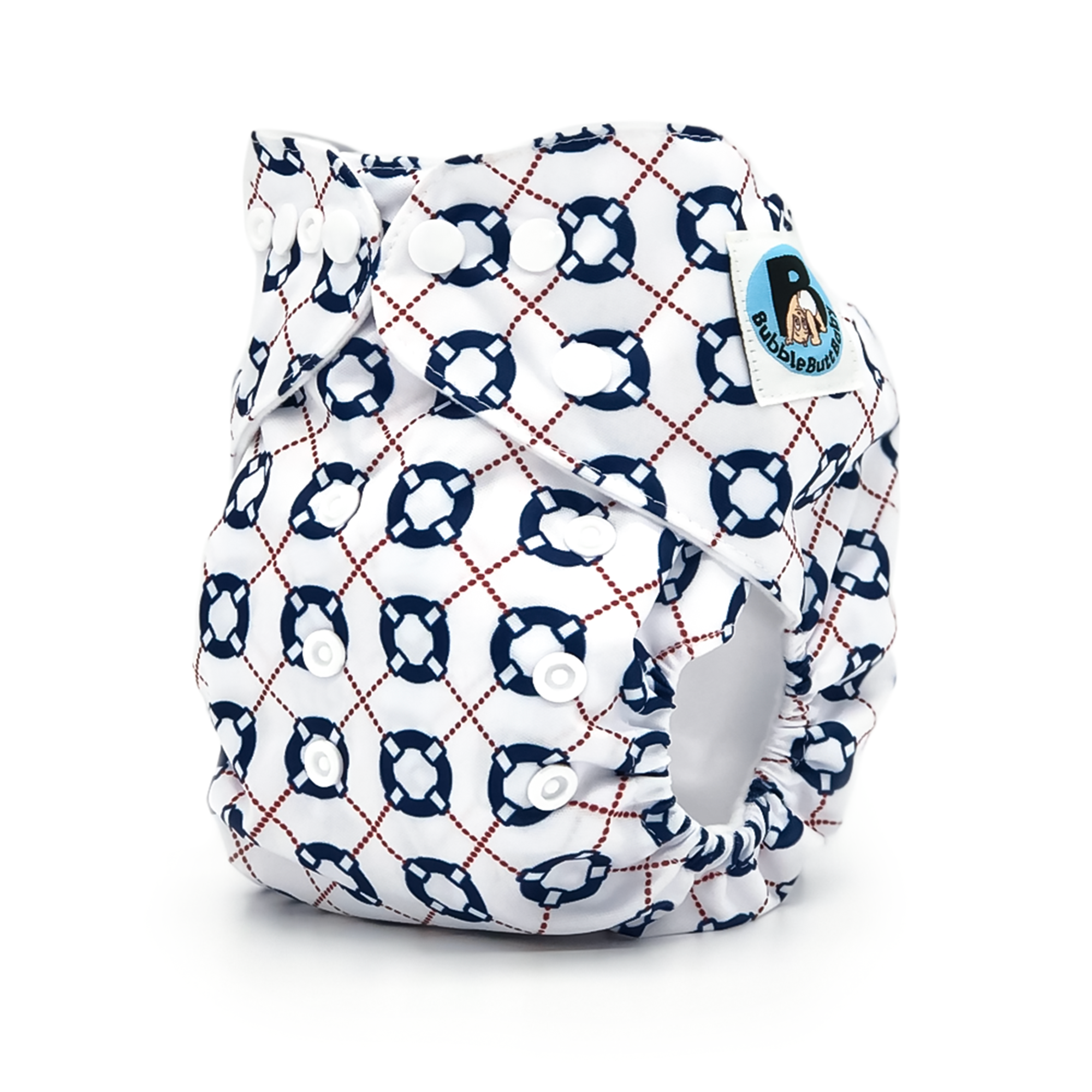 Afloat cloth diaper featuring a quirky beach bum design with a microfiber insert, showcasing its waterproof and breathable outer layer.