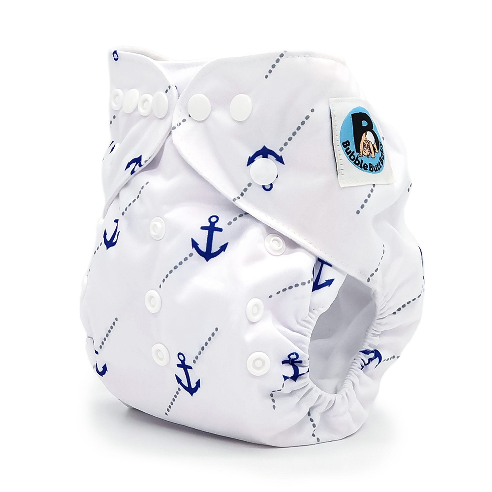 Ancora Cloth Diaper featuring a white and blue anchor print, designed for comfort and style with a microfiber insert included.