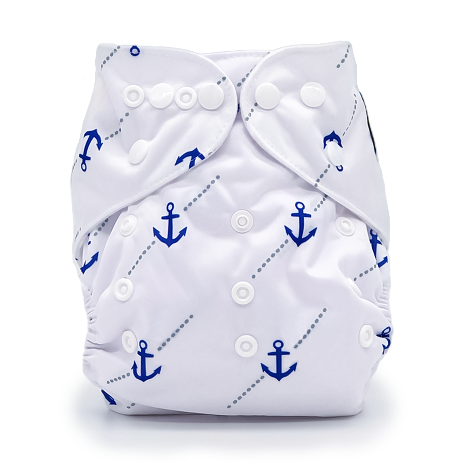 Ancora Cloth Diaper featuring a white and blue anchor print, designed for comfort and style with a microfiber insert included.