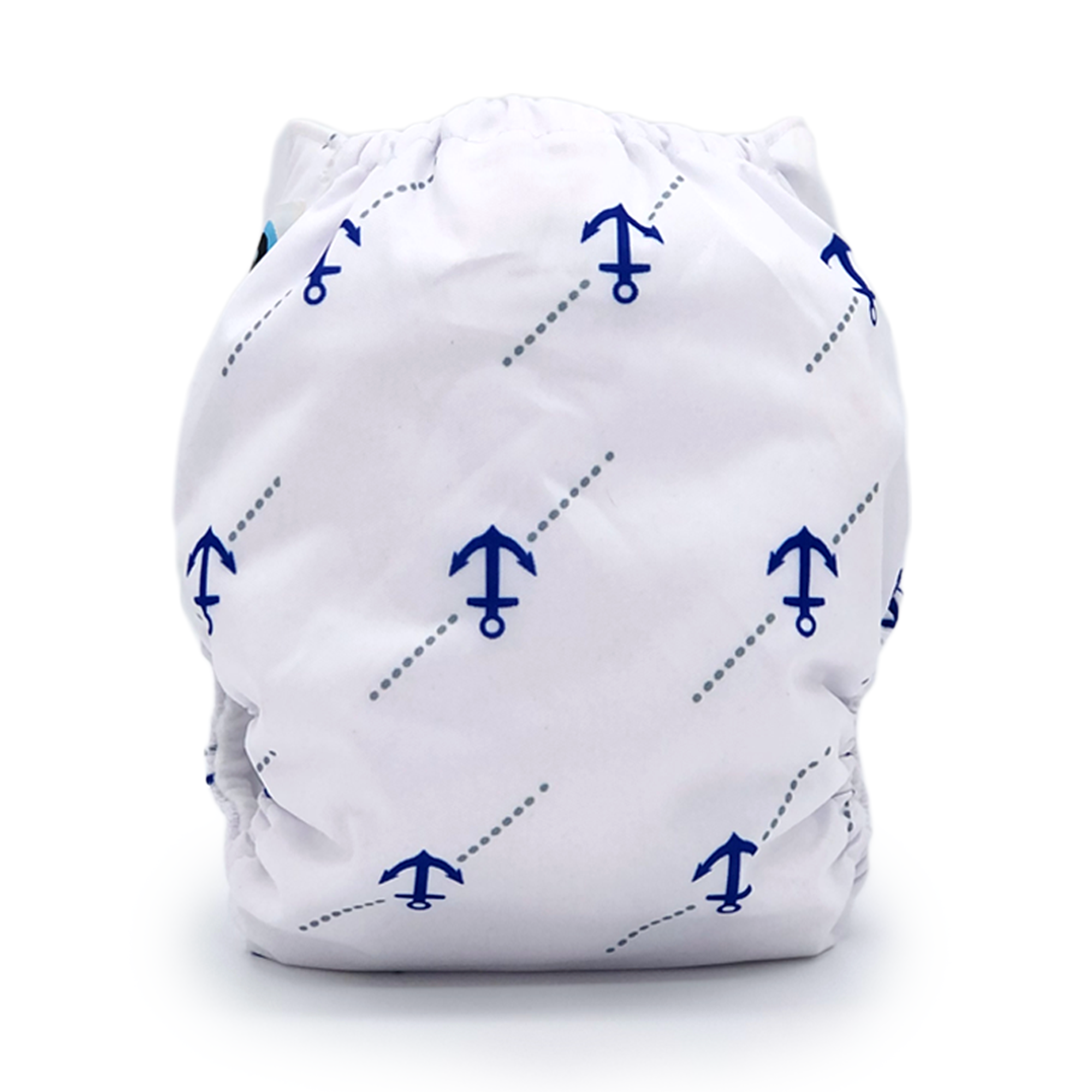 Ancora Cloth Diaper featuring a white and blue anchor print, designed for comfort and style with a microfiber insert included.