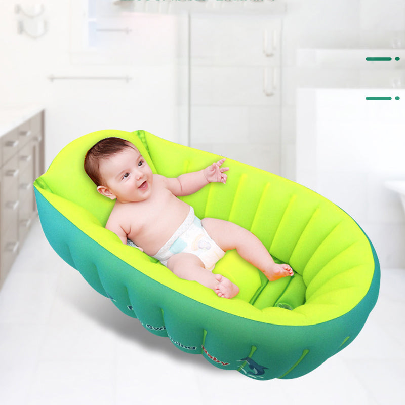 Inflatable baby bath tub in blue and orange colors, designed for infants and toddlers, featuring an independent inflatable air column for safety.