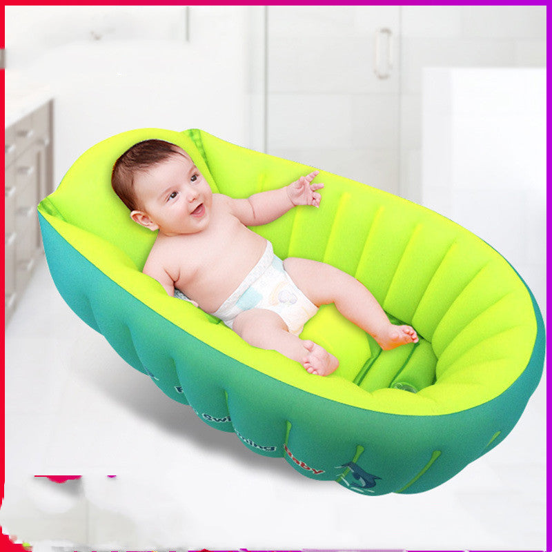 Inflatable baby bath tub in blue and orange colors, designed for infants and toddlers, featuring an independent inflatable air column for safety.