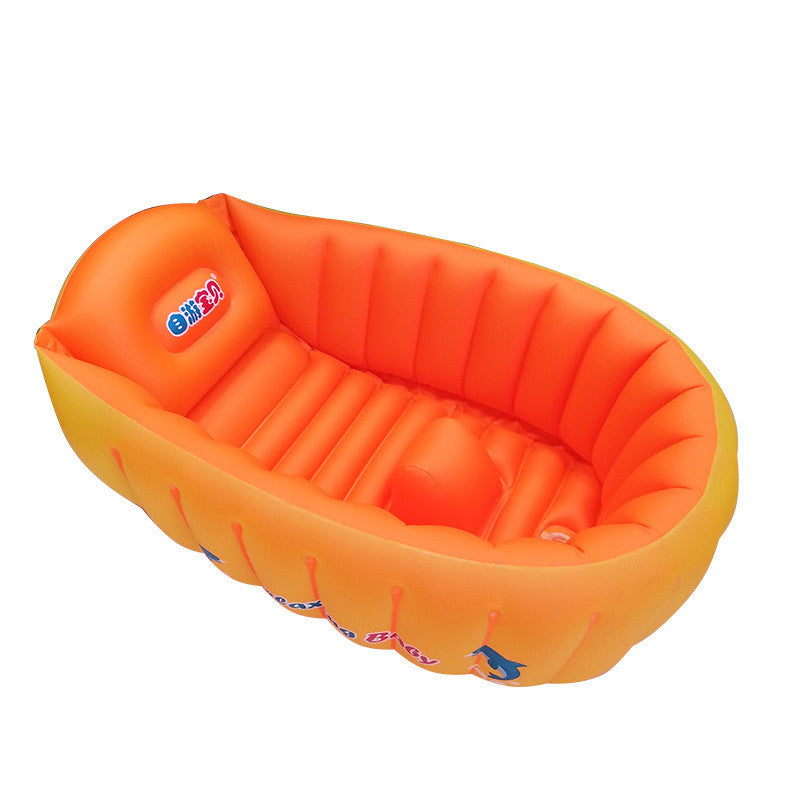 Inflatable baby bath tub in blue and orange colors, designed for infants and toddlers, featuring an independent inflatable air column for safety.