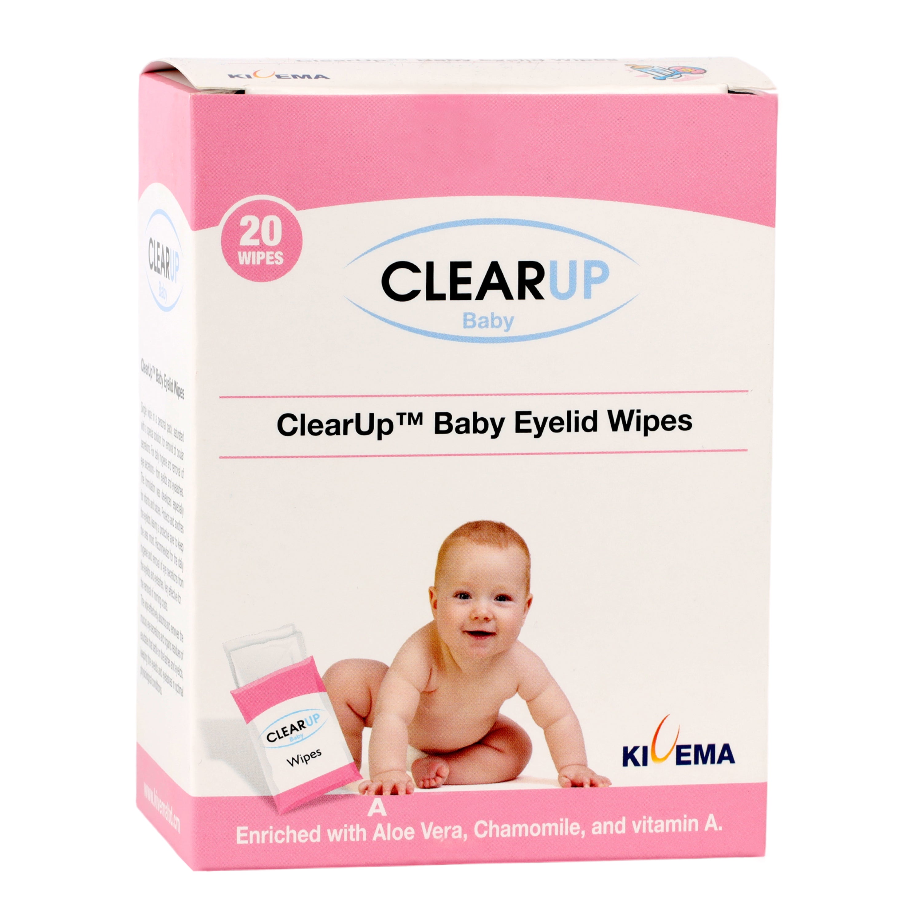 Kivema Baby Eyelid Wipes pack featuring 20 individually wrapped wipes designed for gentle cleaning of delicate baby eyes.