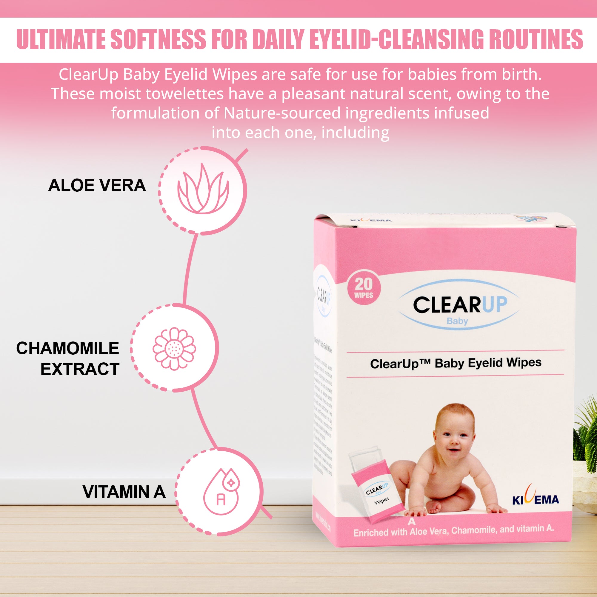 Kivema Baby Eyelid Wipes pack featuring 20 individually wrapped wipes designed for gentle cleaning of delicate baby eyes.