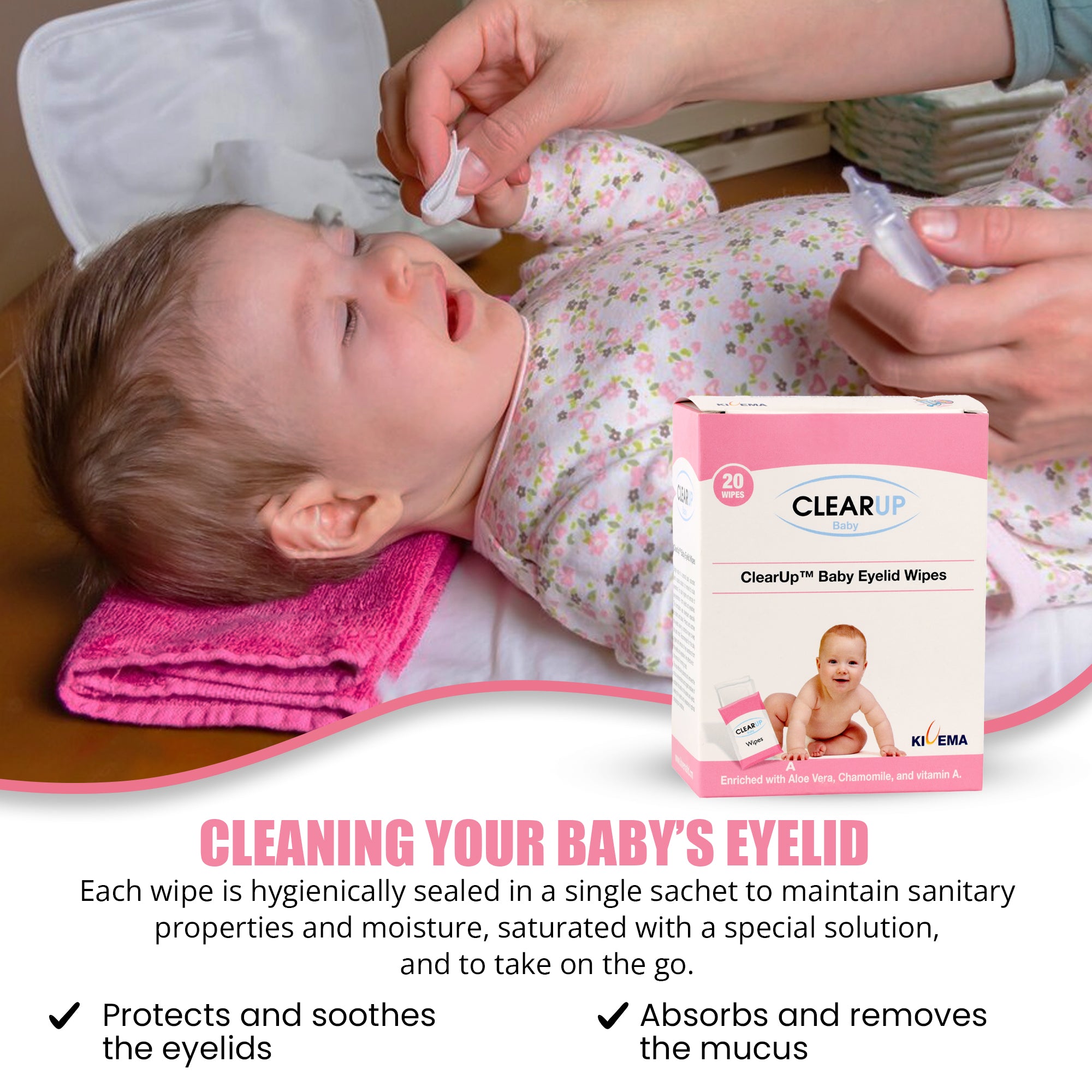 Kivema Baby Eyelid Wipes pack featuring 20 individually wrapped wipes designed for gentle cleaning of delicate baby eyes.