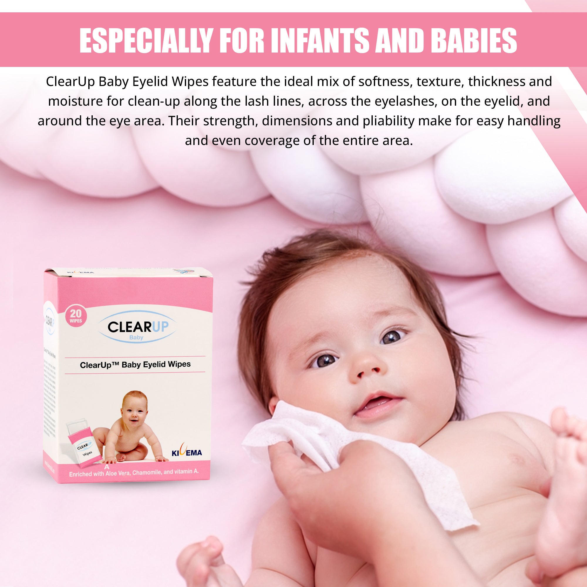 Kivema Baby Eyelid Wipes pack featuring 20 individually wrapped wipes designed for gentle cleaning of delicate baby eyes.