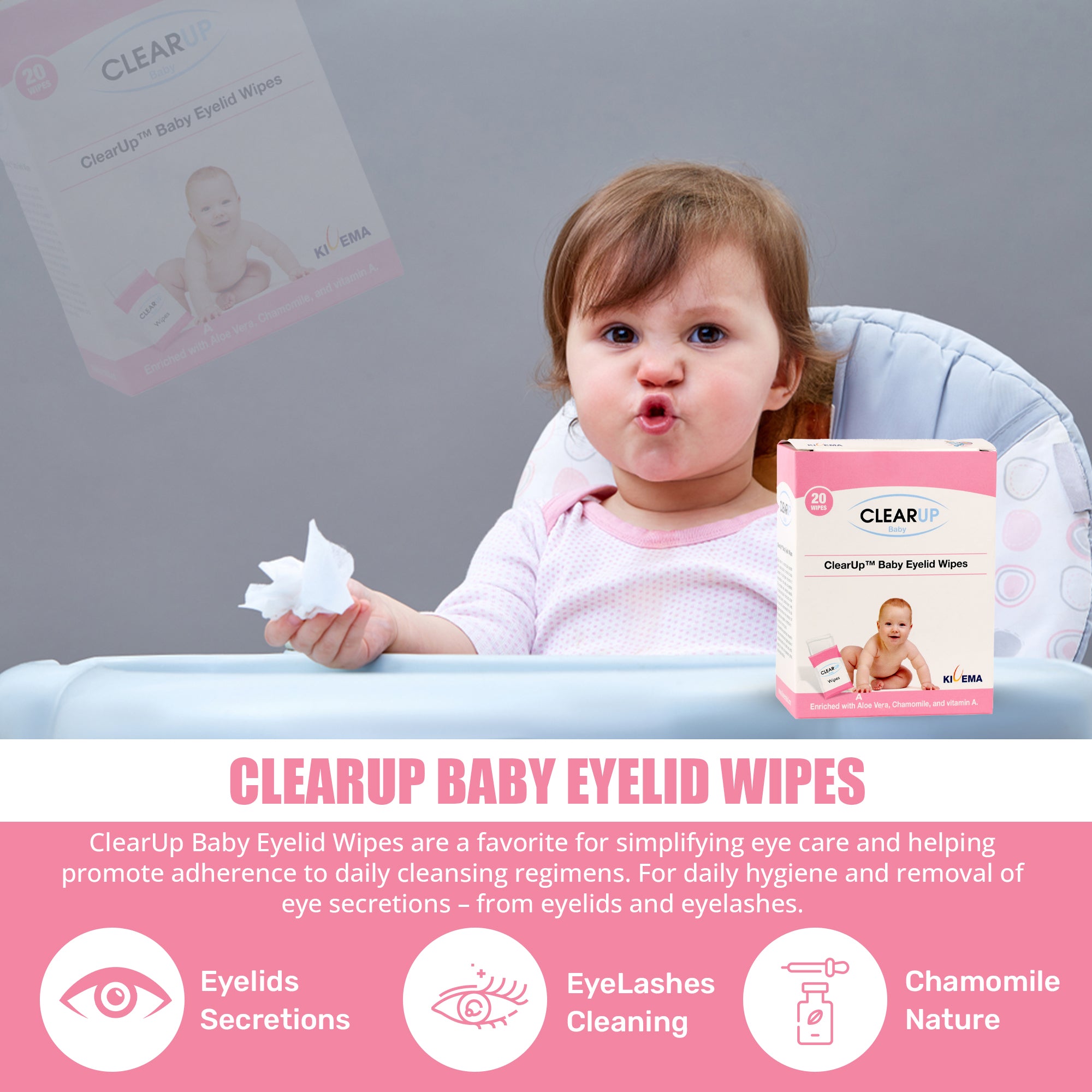 Kivema Baby Eyelid Wipes pack featuring 20 individually wrapped wipes designed for gentle cleaning of delicate baby eyes.