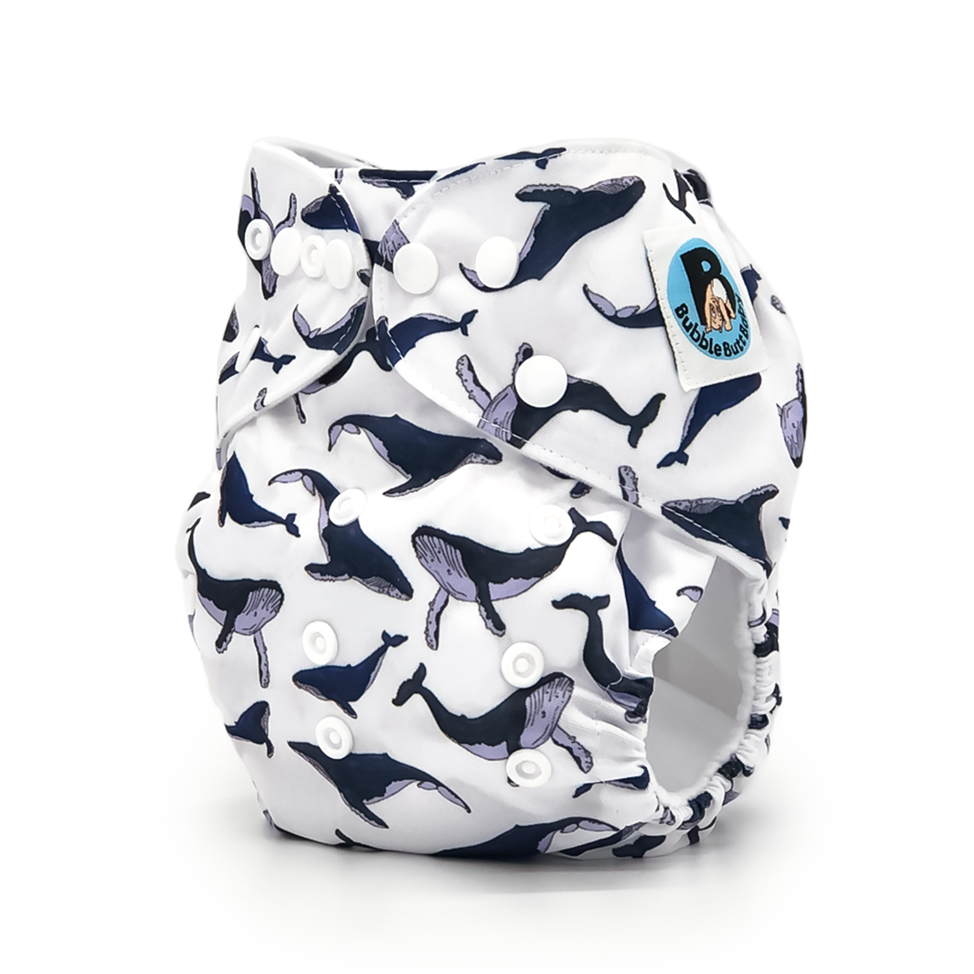 Balaena Cloth Diaper featuring a white and blue whale pattern, showcasing its artistic design and microfiber insert.