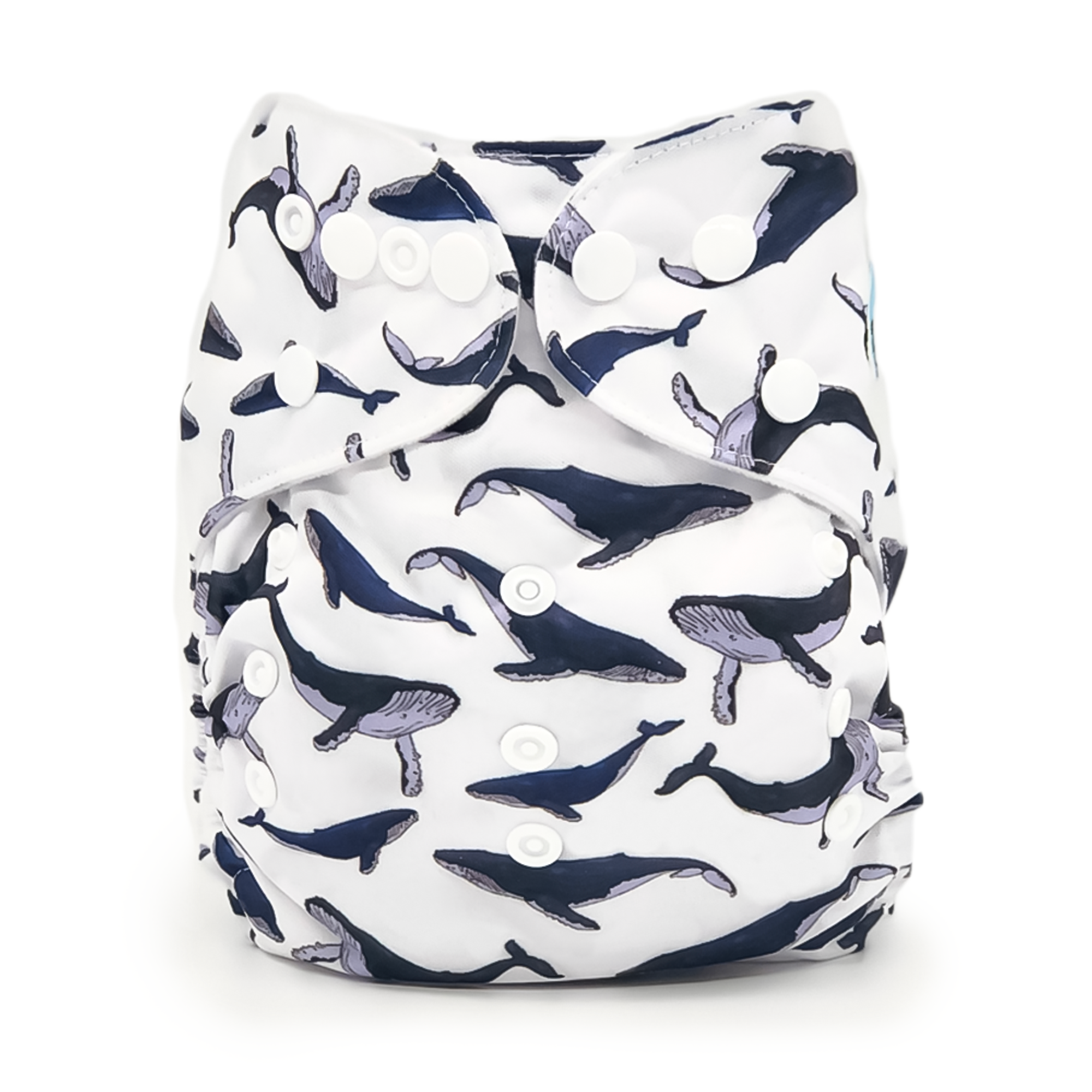 Balaena Cloth Diaper featuring a white and blue whale pattern, showcasing its artistic design and microfiber insert.