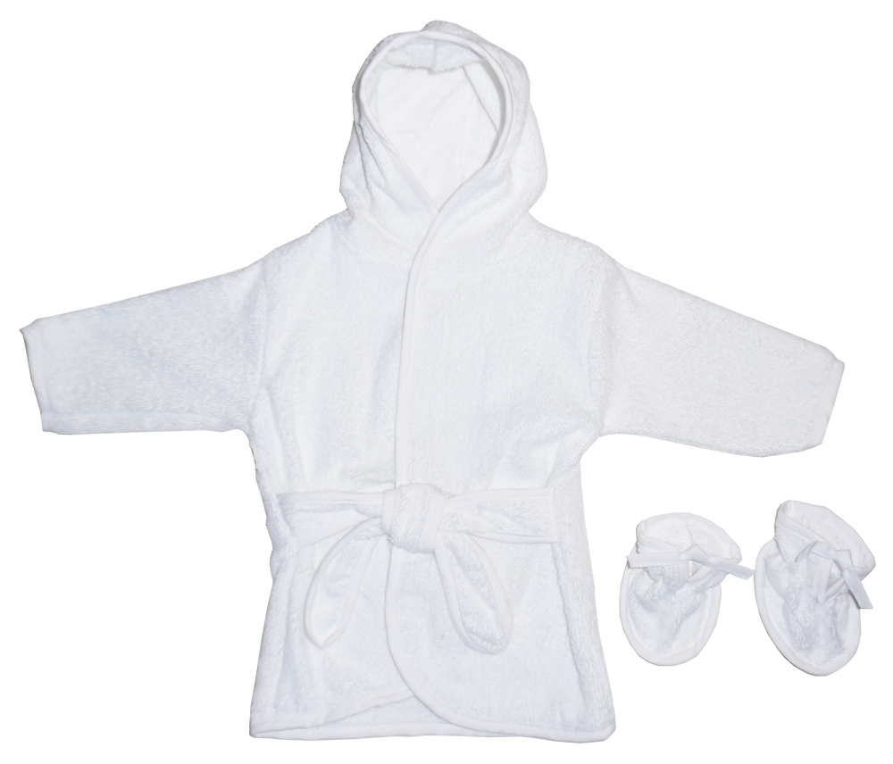 Bambini Blank Terry Robe in white with matching booties, designed for infants, featuring a hood for warmth and comfort.