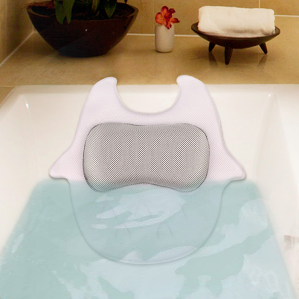 Ergonomic Bathtub Pillow SPA Pliiow in cute owl shape, featuring breathable mesh fabric and strong suction cups for stability.