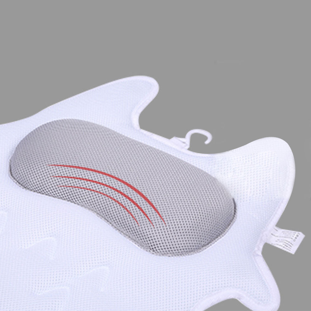 Ergonomic Bathtub Pillow SPA Pliiow in cute owl shape, featuring breathable mesh fabric and strong suction cups for stability.