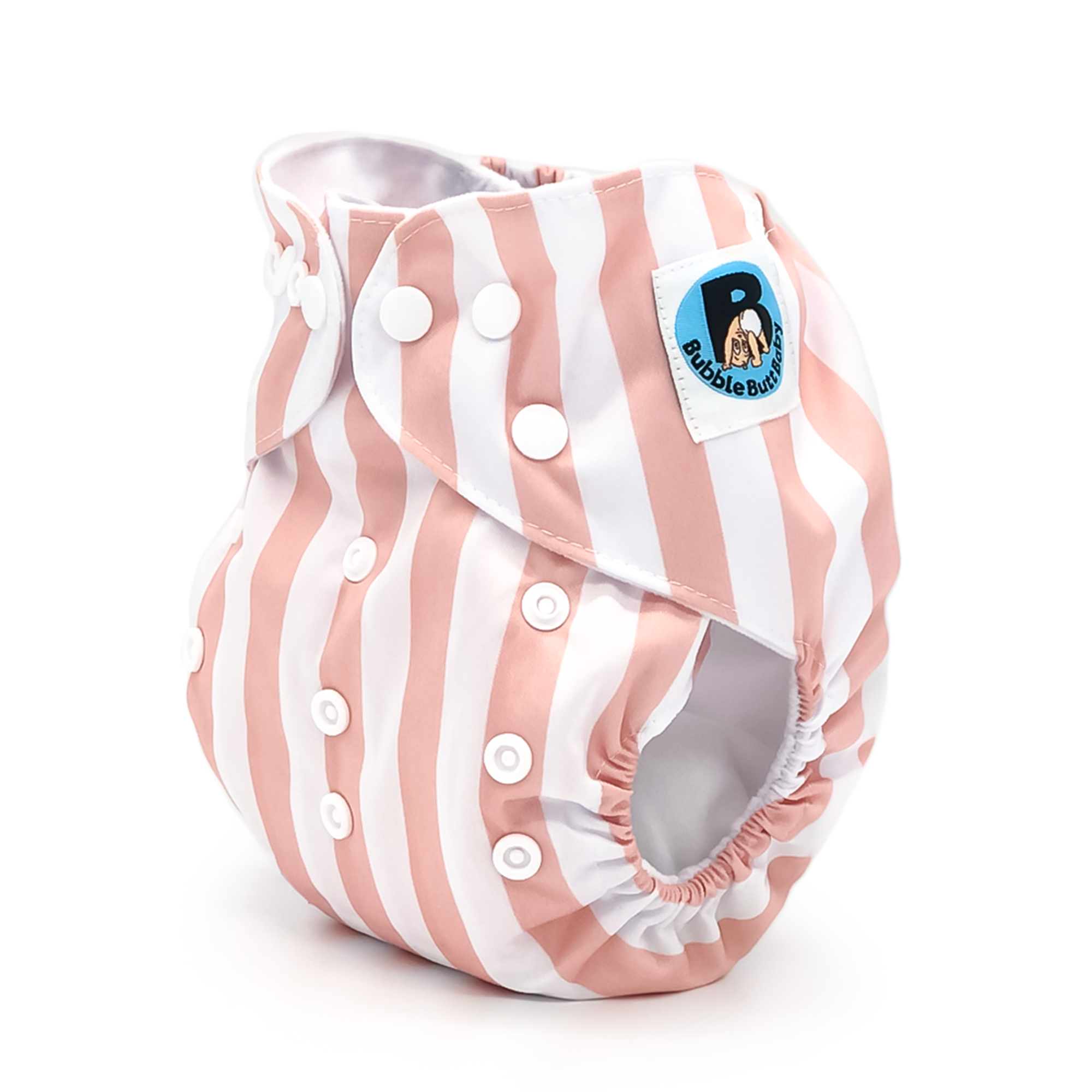 Calathea cloth diaper featuring a unique striped pattern in coral and peach tones, with a microfiber insert visible inside the pocket.