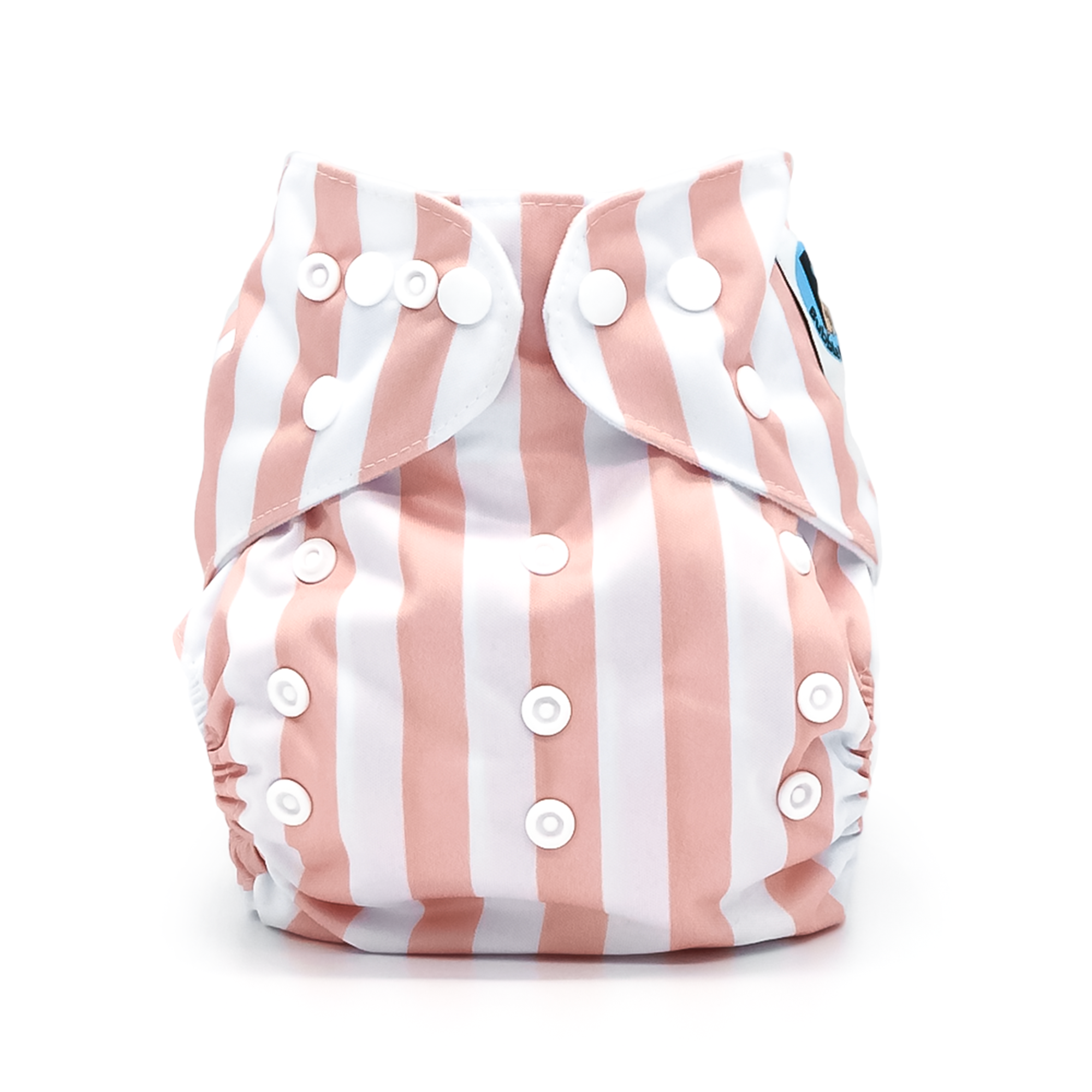 Calathea cloth diaper featuring a unique striped pattern in coral and peach tones, with a microfiber insert visible inside the pocket.