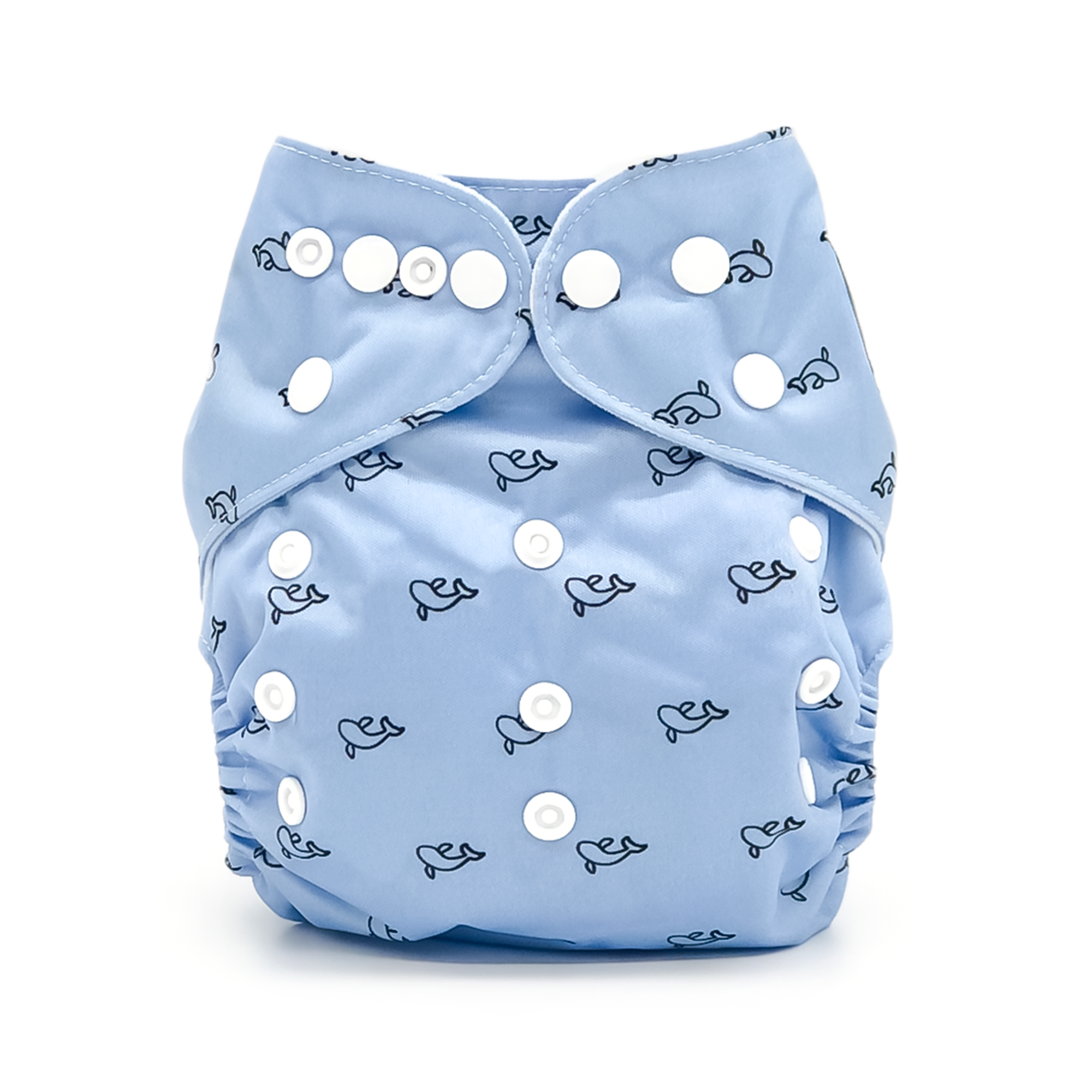 Cetacea Cloth Diaper featuring a sky blue whale print, designed with a waterproof outer layer and a soft microsuede inner layer for comfort.