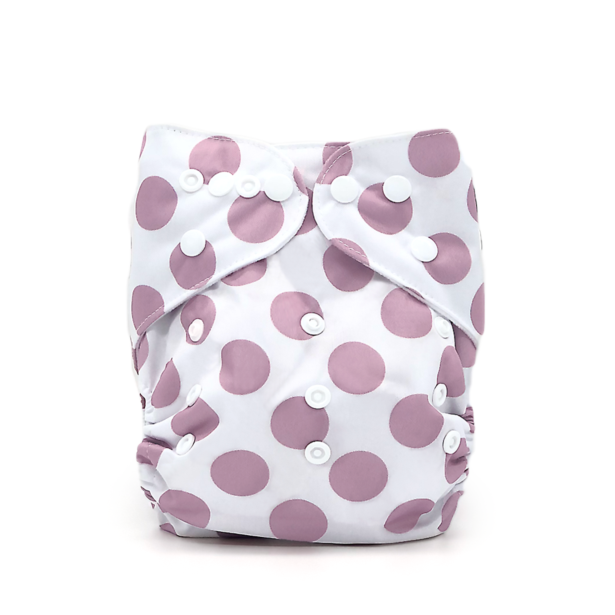 Dahlia Cloth Diaper featuring soft pale purple hue with bold polka dots, includes microfiber insert, designed for comfort and style.