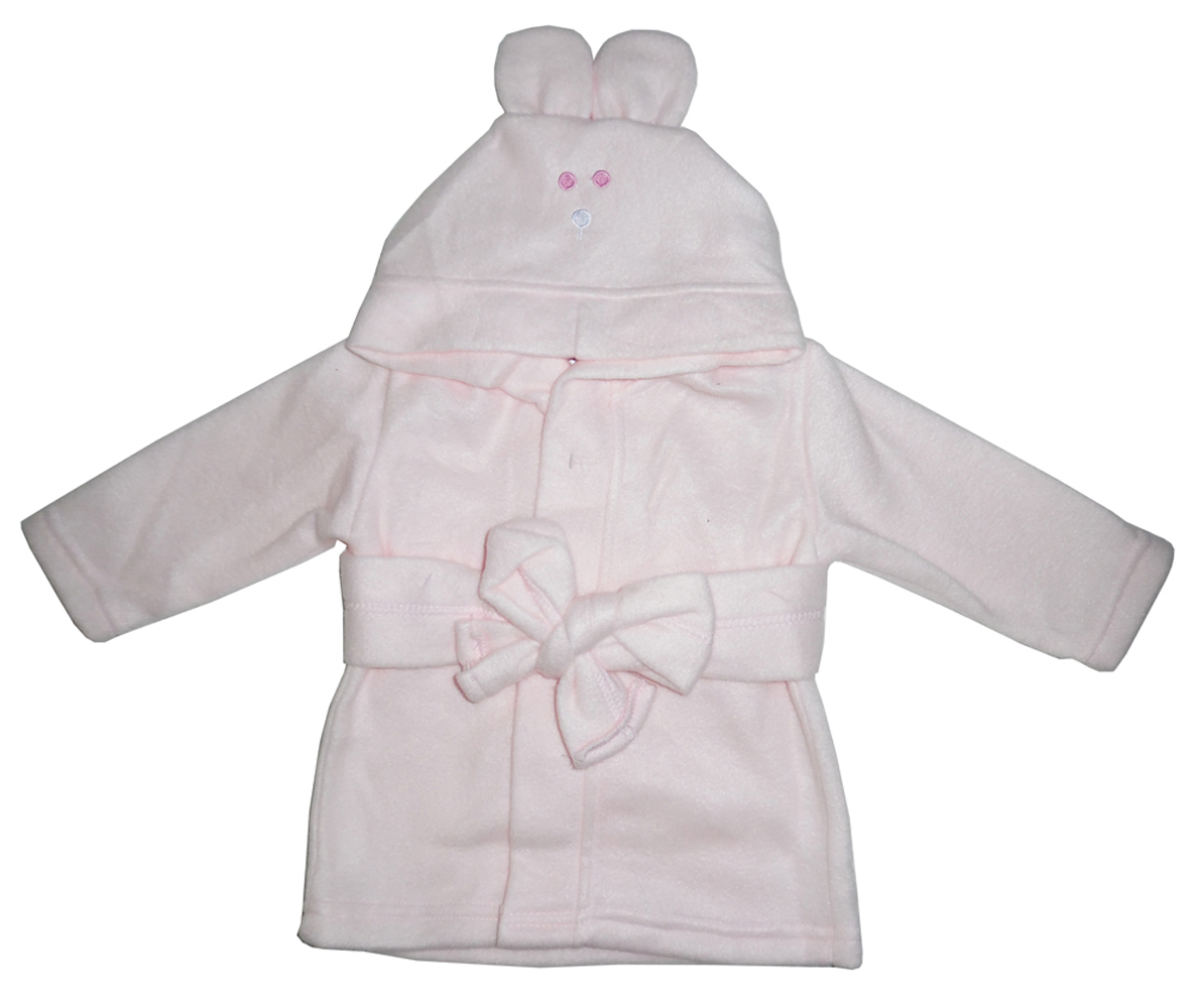 A pink fleece robe with a hoodie featuring cute rabbit ears, designed for newborns, showcasing its soft texture and playful design.