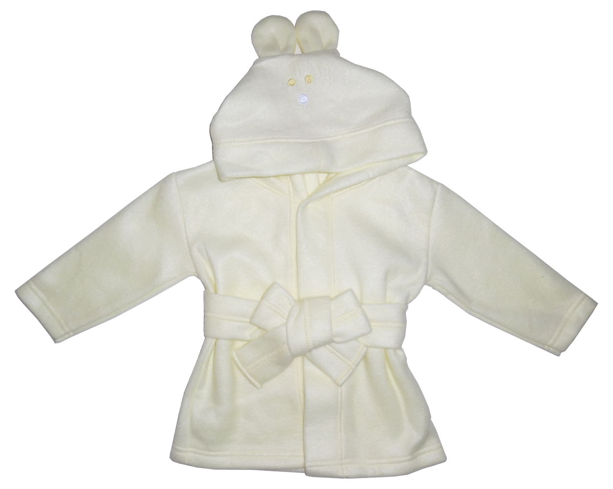 A soft yellow fleece robe with a hoodie featuring cute rabbit ears, designed for newborns, perfect for keeping babies warm after bath time.