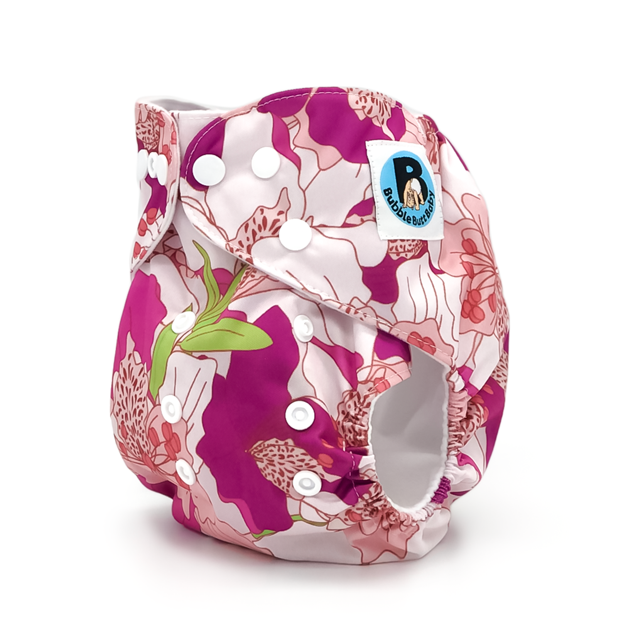 Hibiscus Cloth Diaper featuring vibrant floral design in fuchsias and pale pinks, with a soft microsuede inner layer and adjustable snaps.