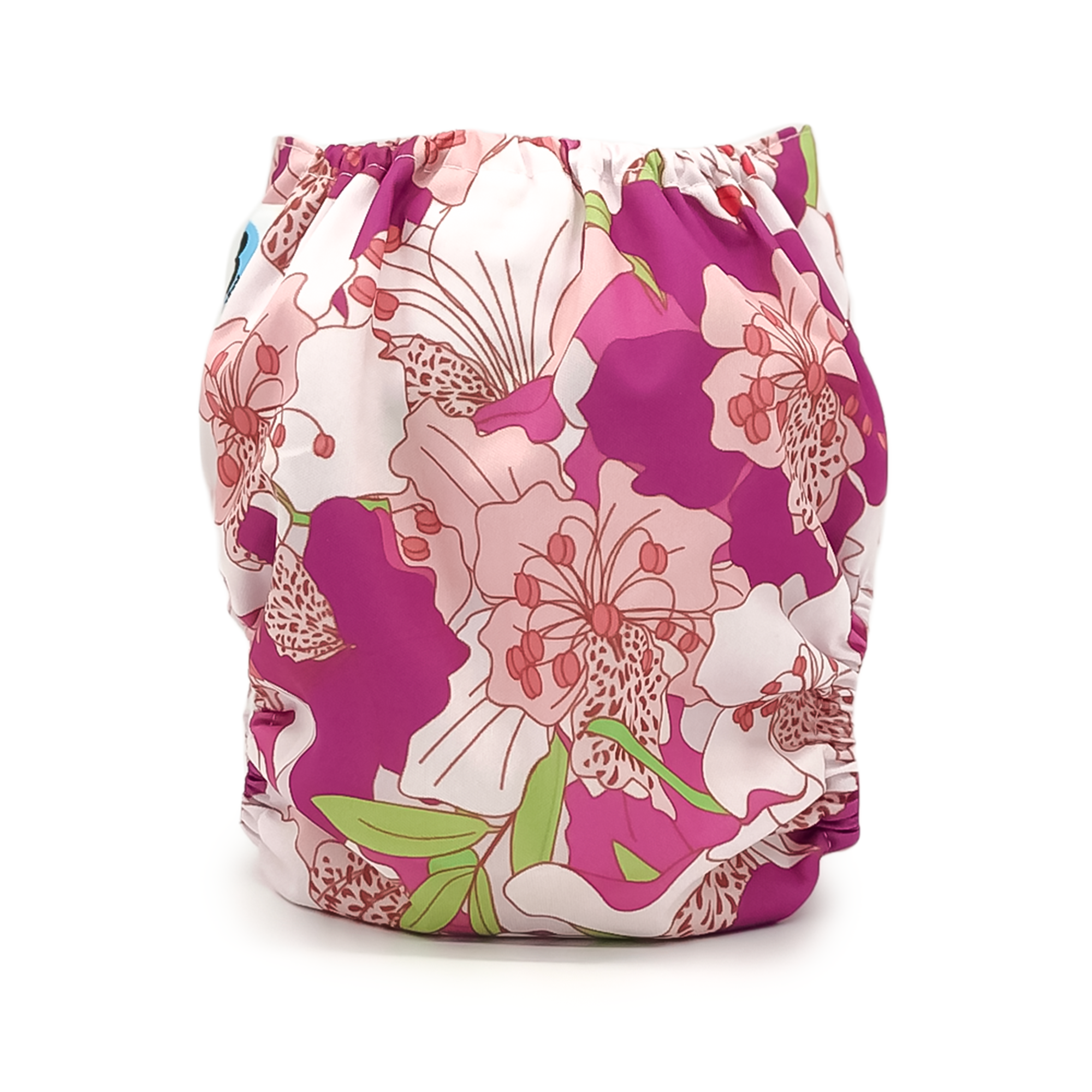 Hibiscus Cloth Diaper featuring vibrant floral design in fuchsias and pale pinks, with a soft microsuede inner layer and adjustable snaps.