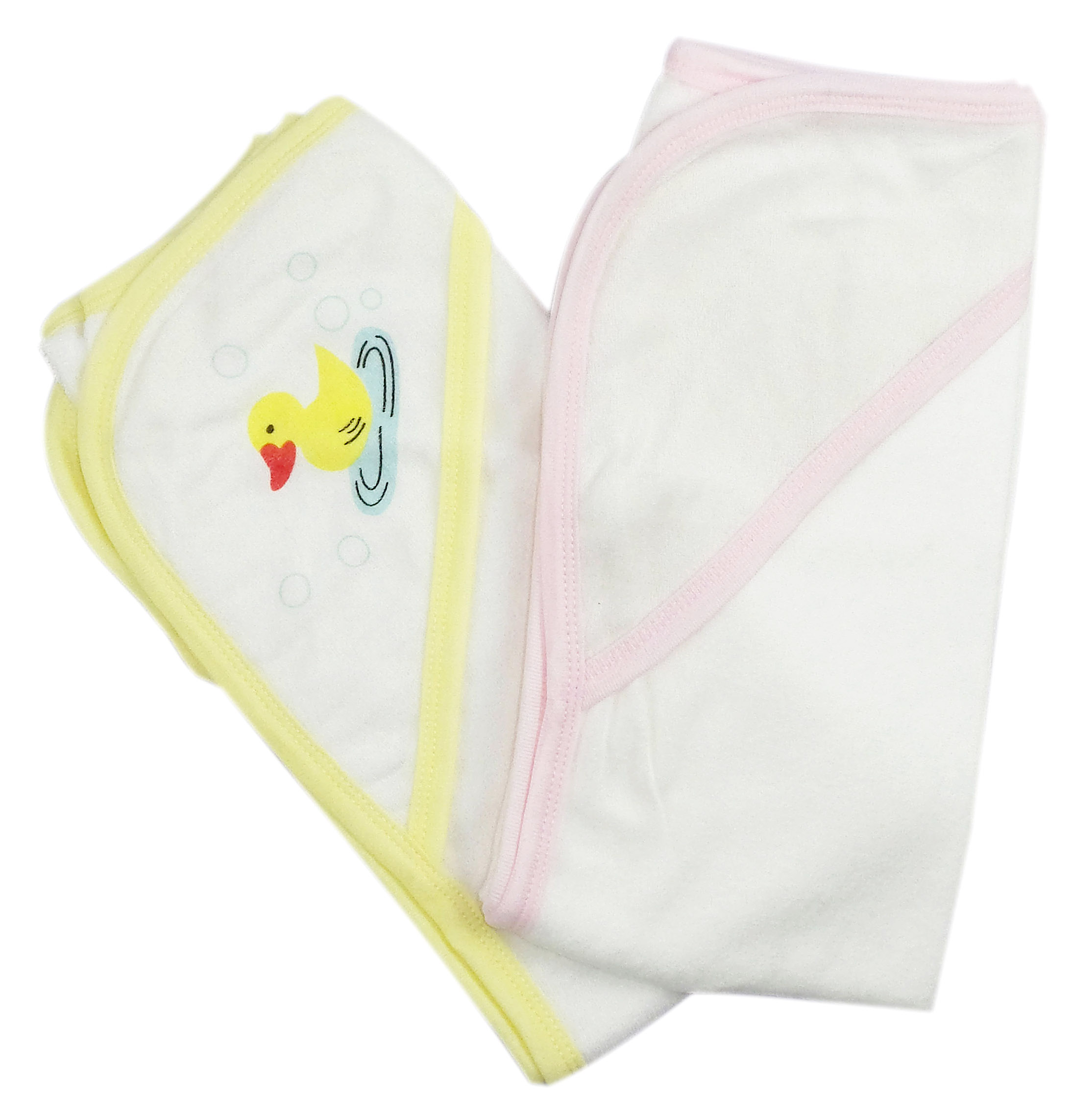 Two pink and white hooded infant bath towels, soft cotton blend, designed for comfort and warmth after bath time.