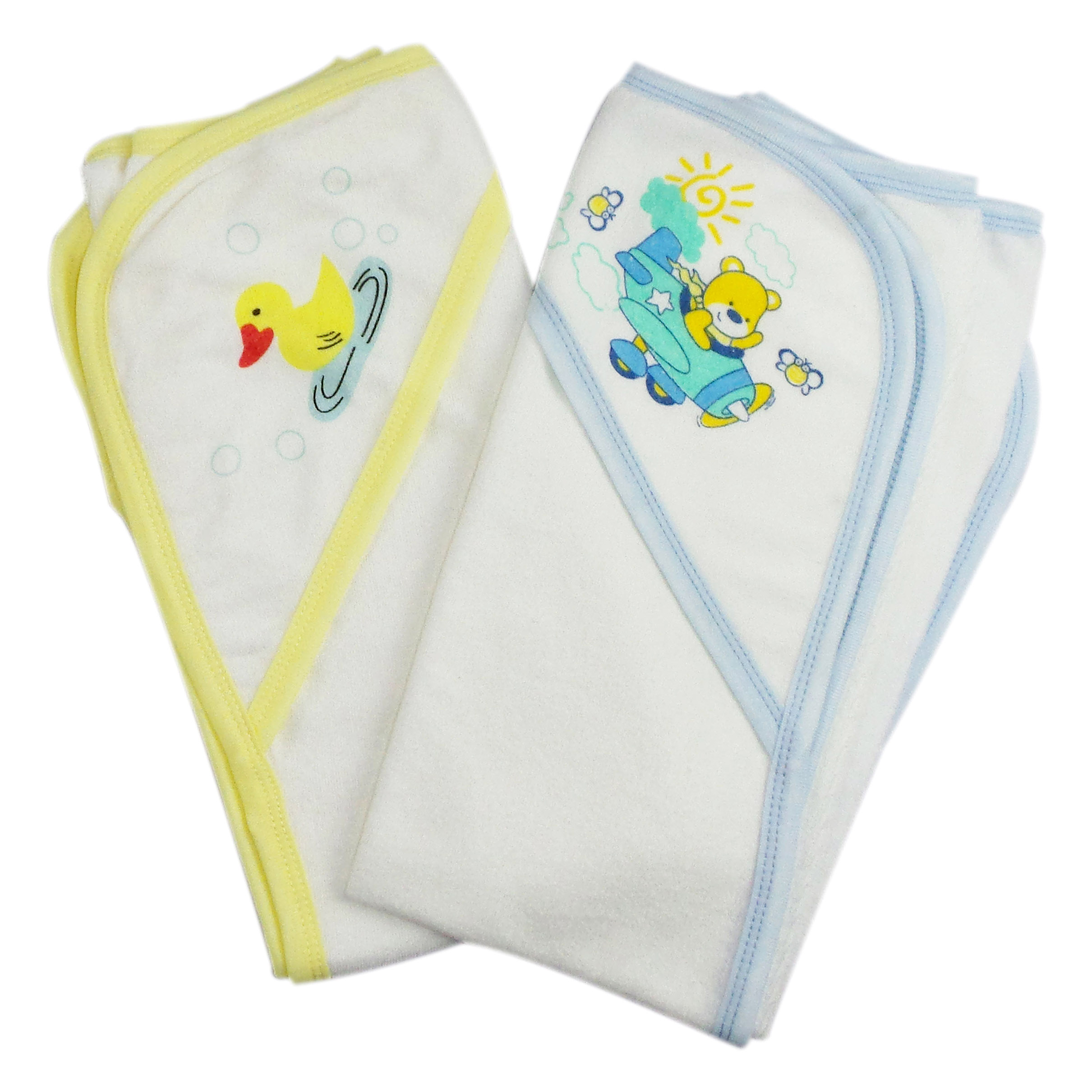 Two soft yellow hooded infant bath towels, perfect for keeping babies warm and cozy after bath time, featuring a cute hood design.