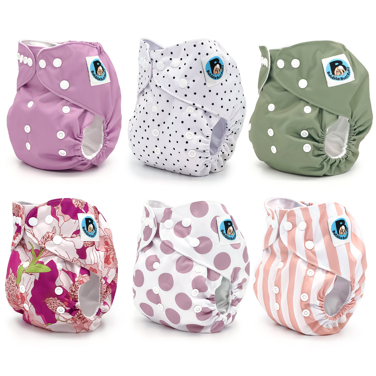 Jolie Fleur Cloth Diaper Collection featuring six stylish pocket diapers in vibrant prints including Hibiscus, Sage, Calathea, Dahlia, Lavender, and Tiger Lily.