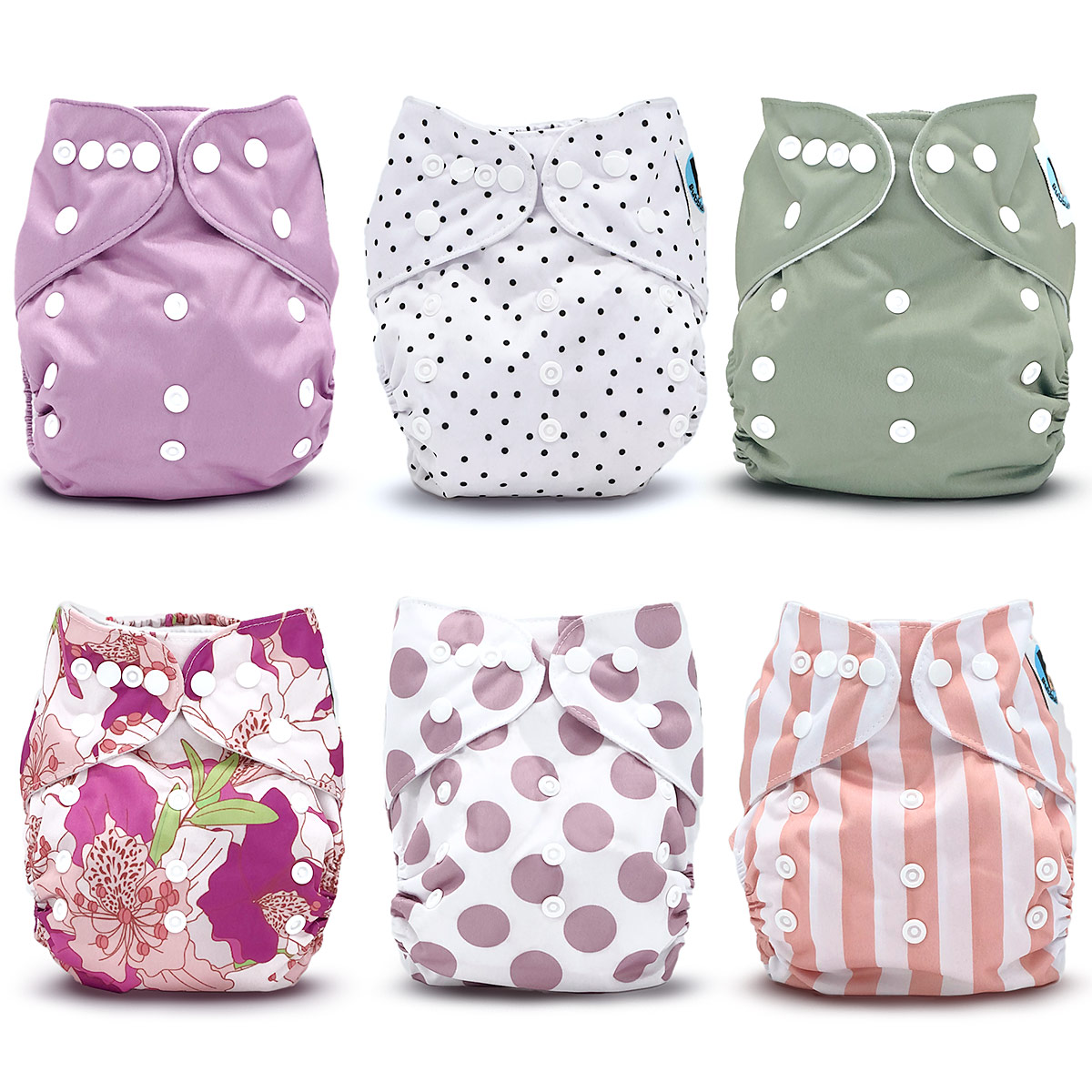 Jolie Fleur Cloth Diaper Collection featuring six stylish pocket diapers in vibrant prints including Hibiscus, Sage, Calathea, Dahlia, Lavender, and Tiger Lily.