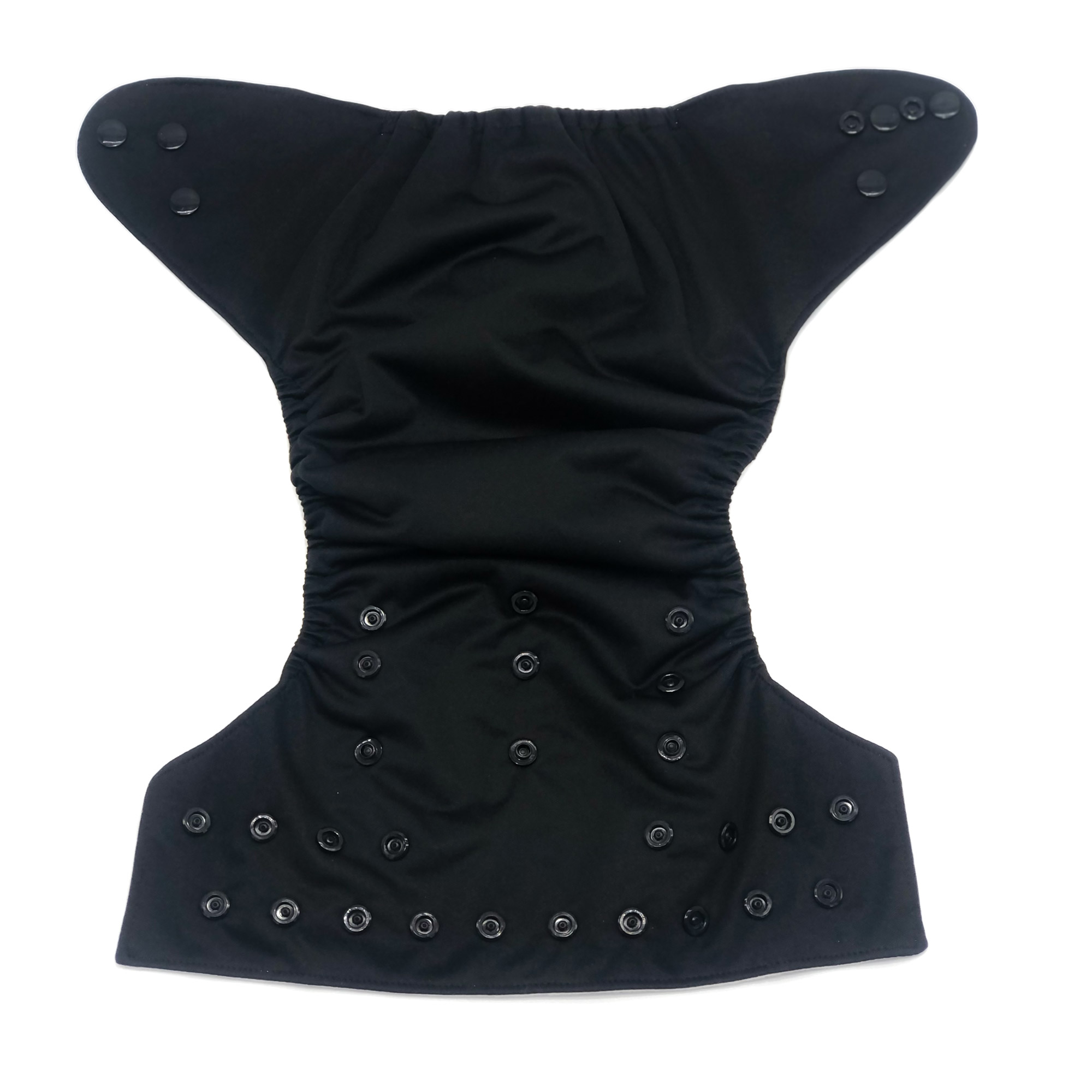 Licorice Cloth Diaper in solid black with matching snaps, showcasing its sleek design and microfiber insert.