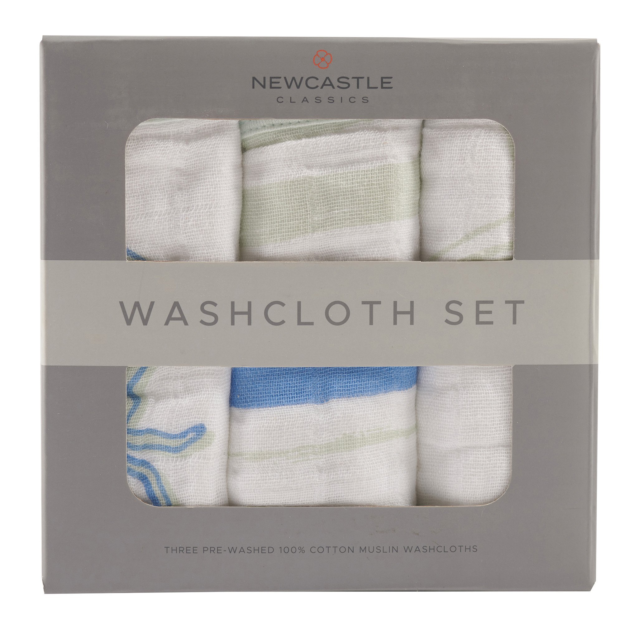 Ocean Cotton Muslin Washcloth Set 3PK featuring colorful prints and attached drying loops, made from 100% plush cotton muslin.