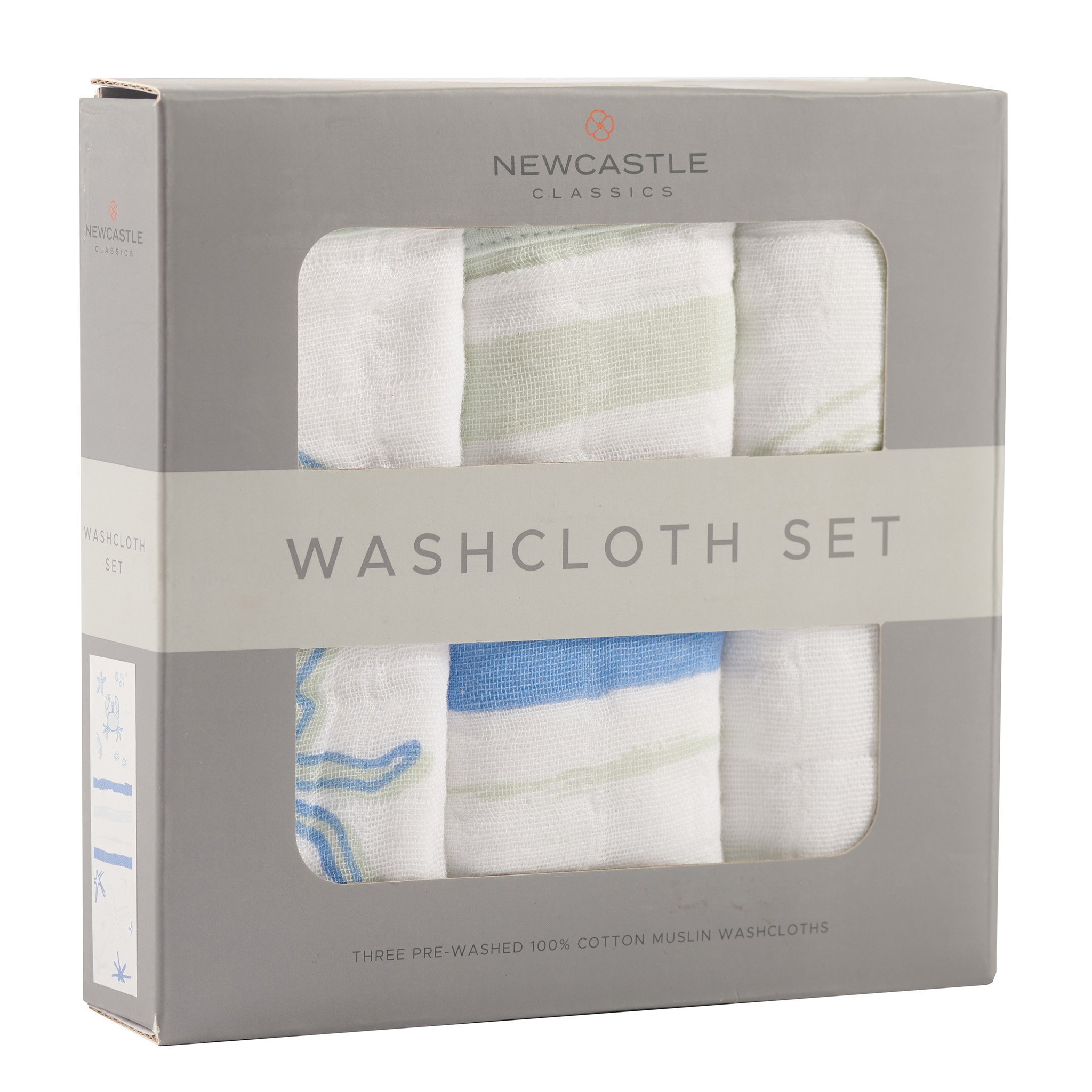 Ocean Cotton Muslin Washcloth Set 3PK featuring colorful prints and attached drying loops, made from 100% plush cotton muslin.